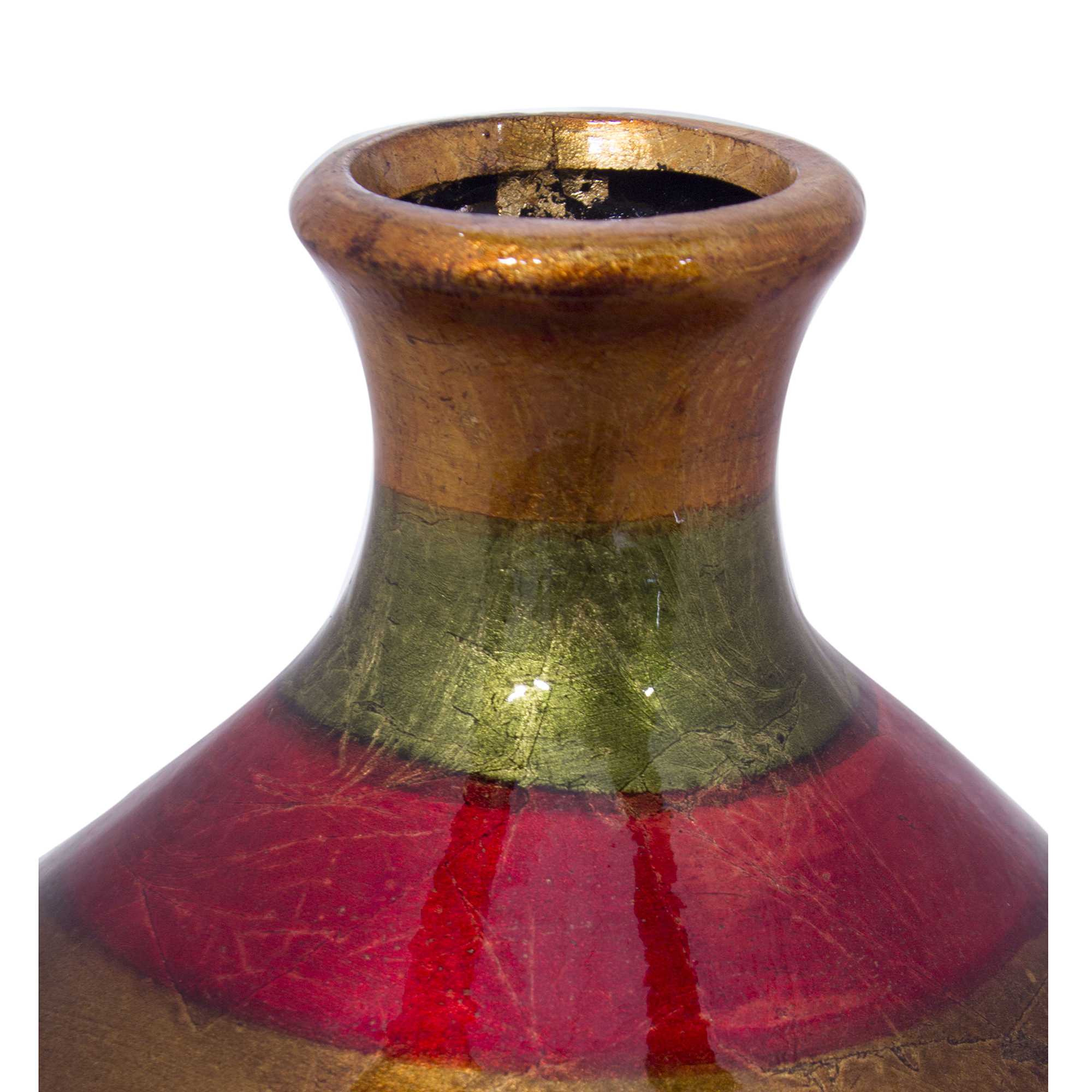 8.75" X 8.75" X 10.25" Green Red Brown Copper Ceramic Lacquered Striped Bottle Bud Vase