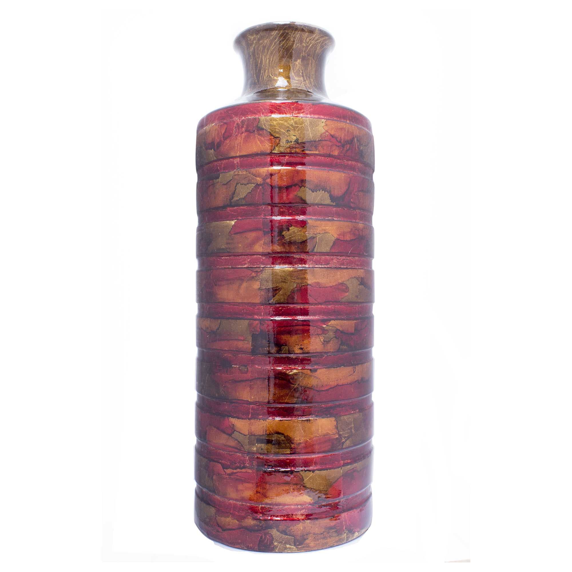8.75" X 8.75" X 24" Copper Red Gold Ceramic Foiled and Lacquered Cylinder Vase