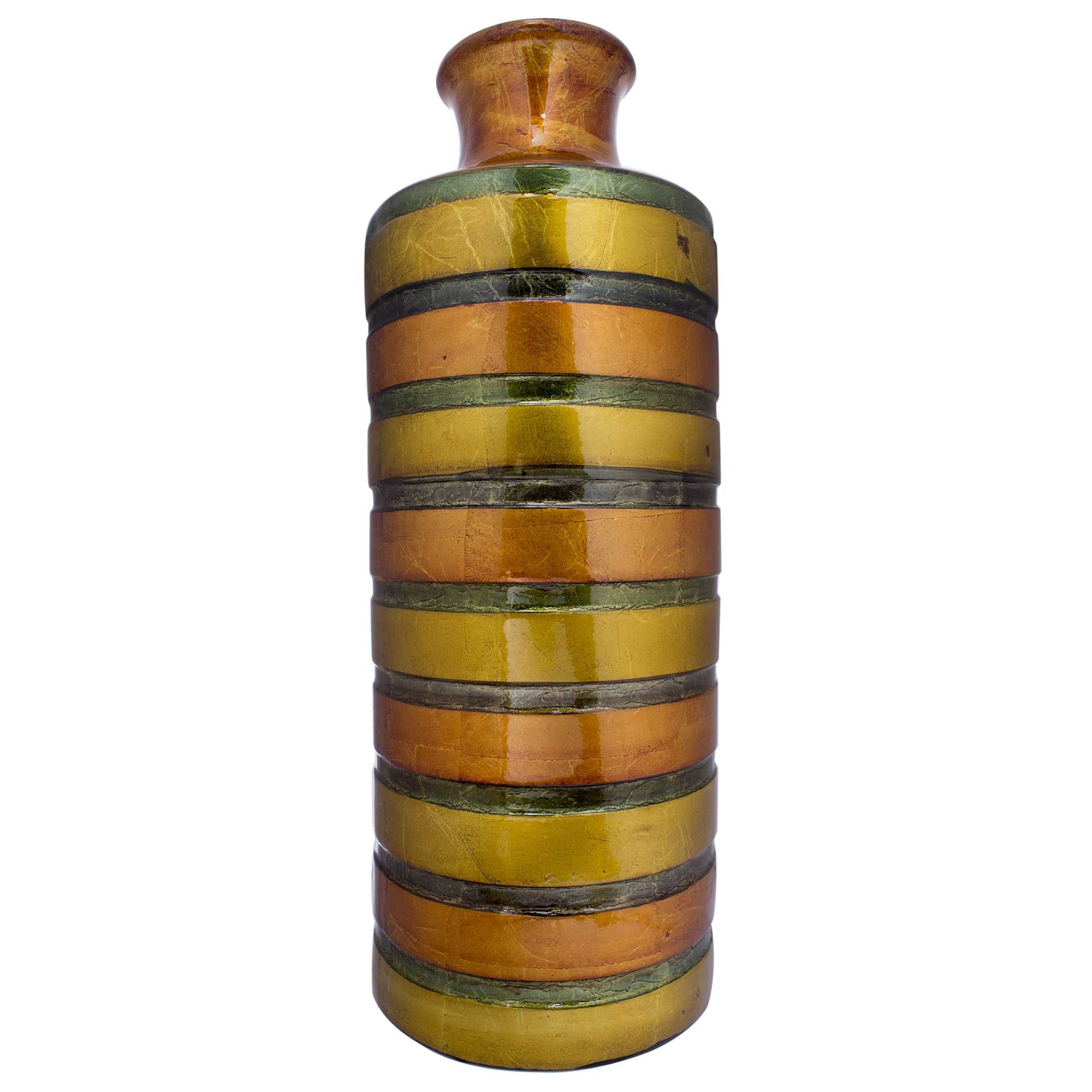 8.75" X 8.75" X 24" Orange Green Amber Brown Ceramic Lacquered Striped Large Cylinder Vase
