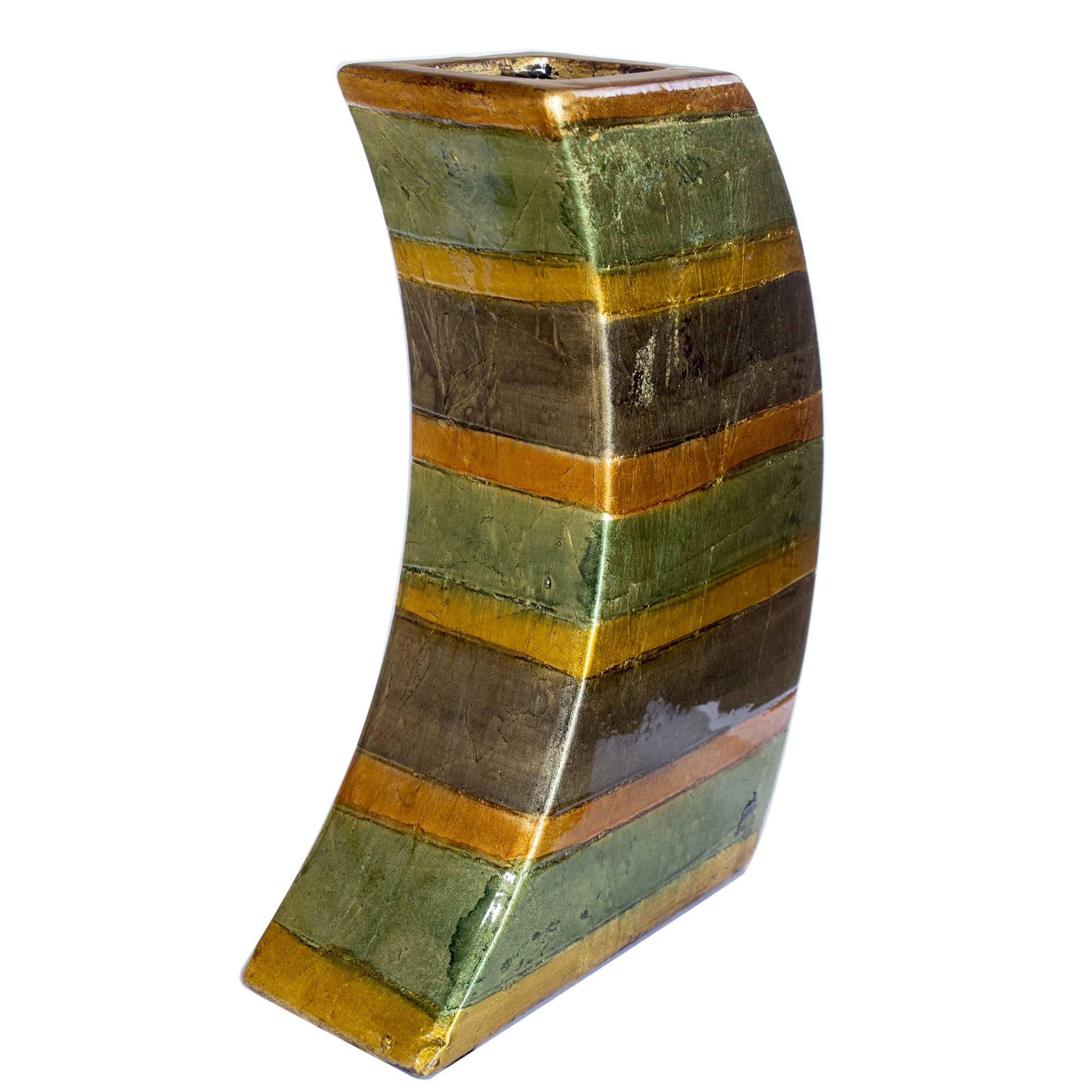 Contemporary Orange Green Amber Brown Ceramic Lacquer Stripe Leaning Vase