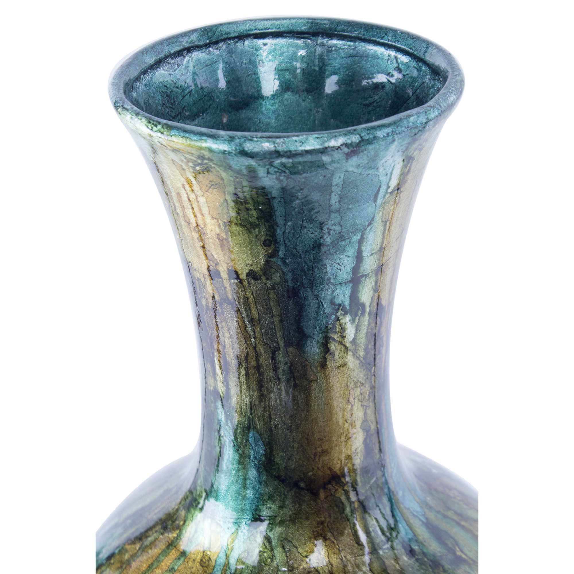 8.25" X 8.25" X 20" Turquoise Copper and Bronze Ceramic Foiled and Lacquered Vase