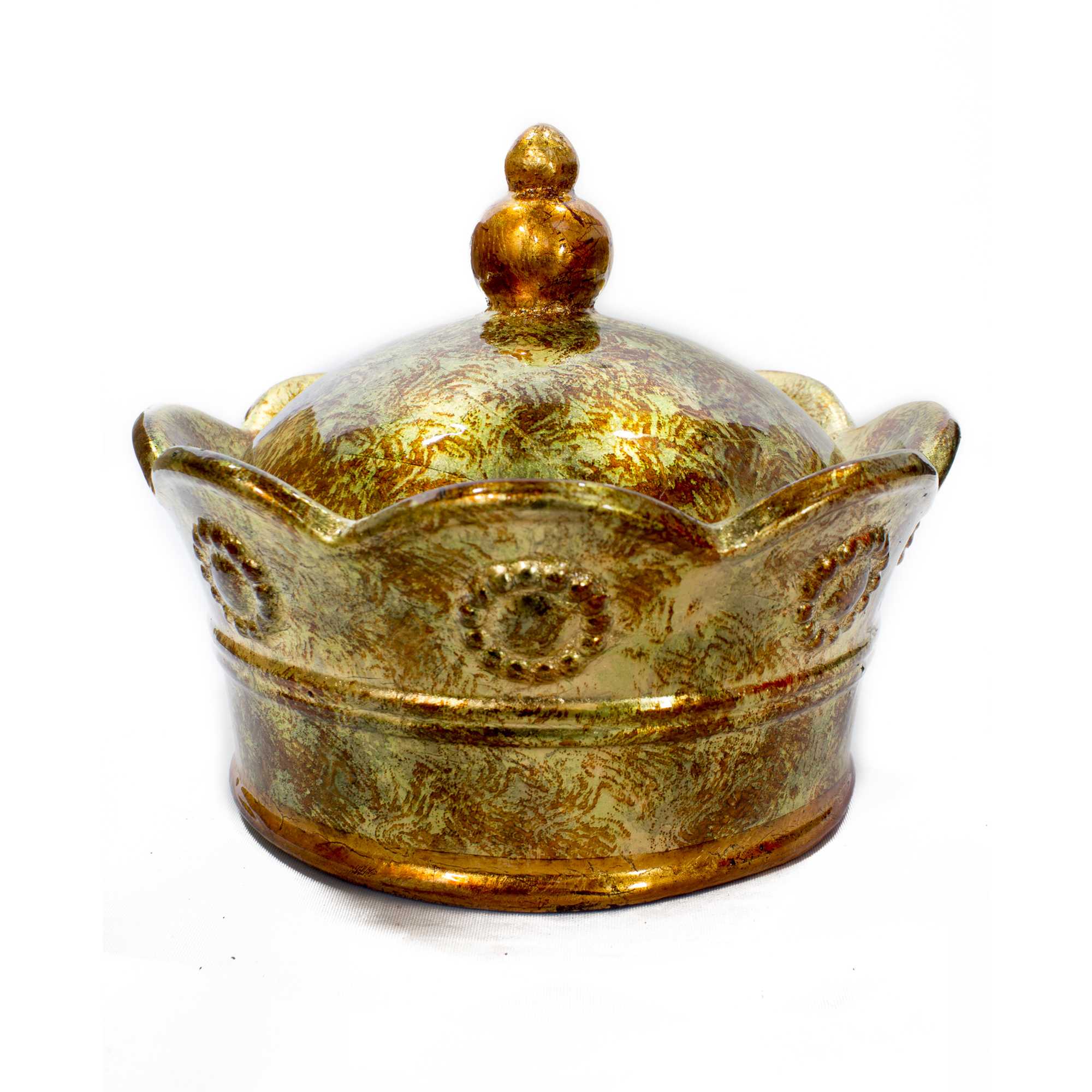 8" X 8" X 6.5" Gold Green Red Ceramic Foiled and Lacquered Crown Box