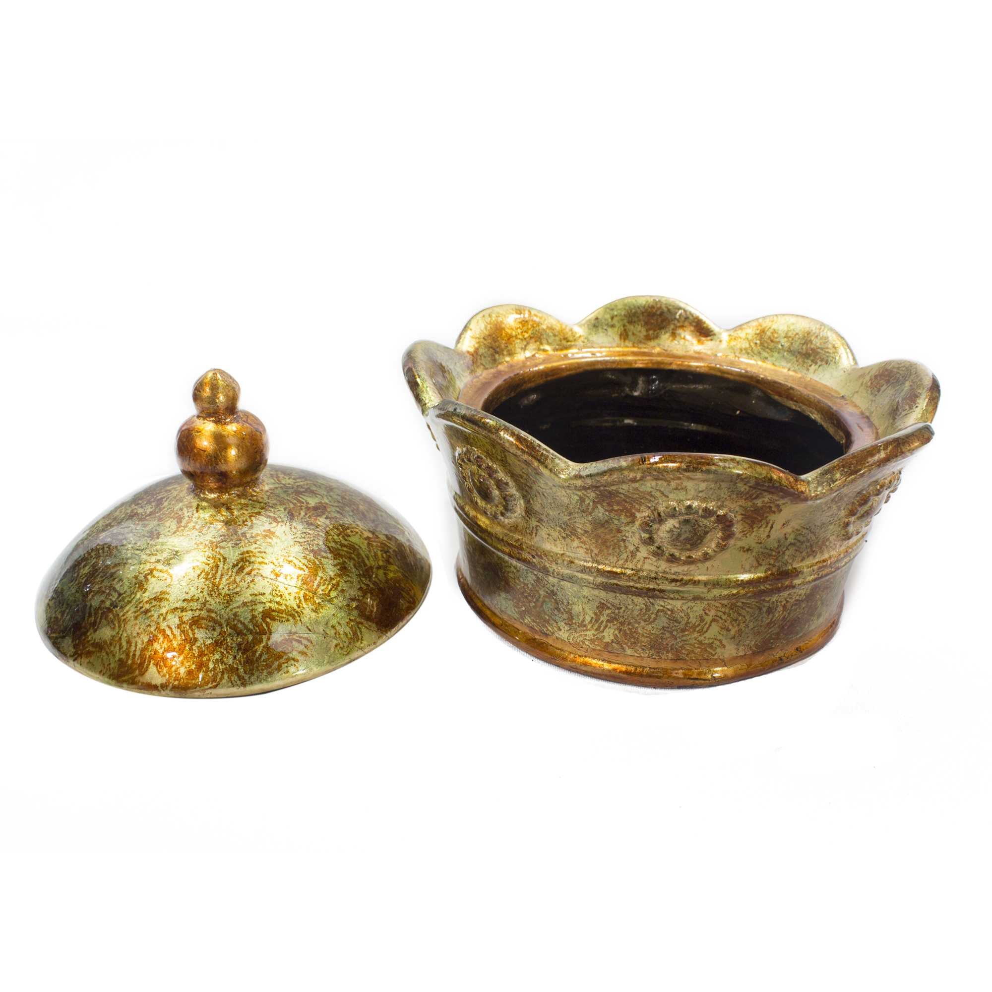8" X 8" X 6.5" Gold Green Red Ceramic Foiled and Lacquered Crown Box