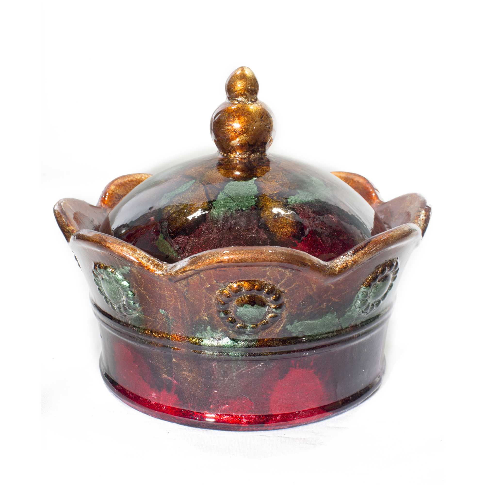 8" X 8" X 6.5" Copper Green Red Ceramic Foiled and Lacquered Crown Box