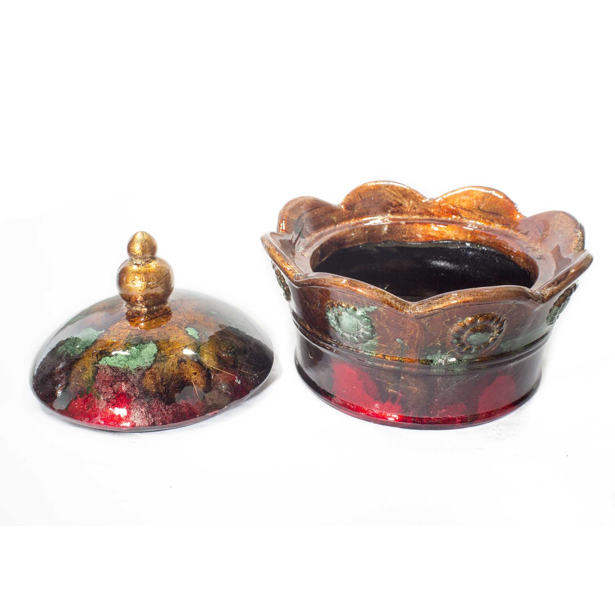 8" X 8" X 6.5" Copper Green Red Ceramic Foiled and Lacquered Crown Box
