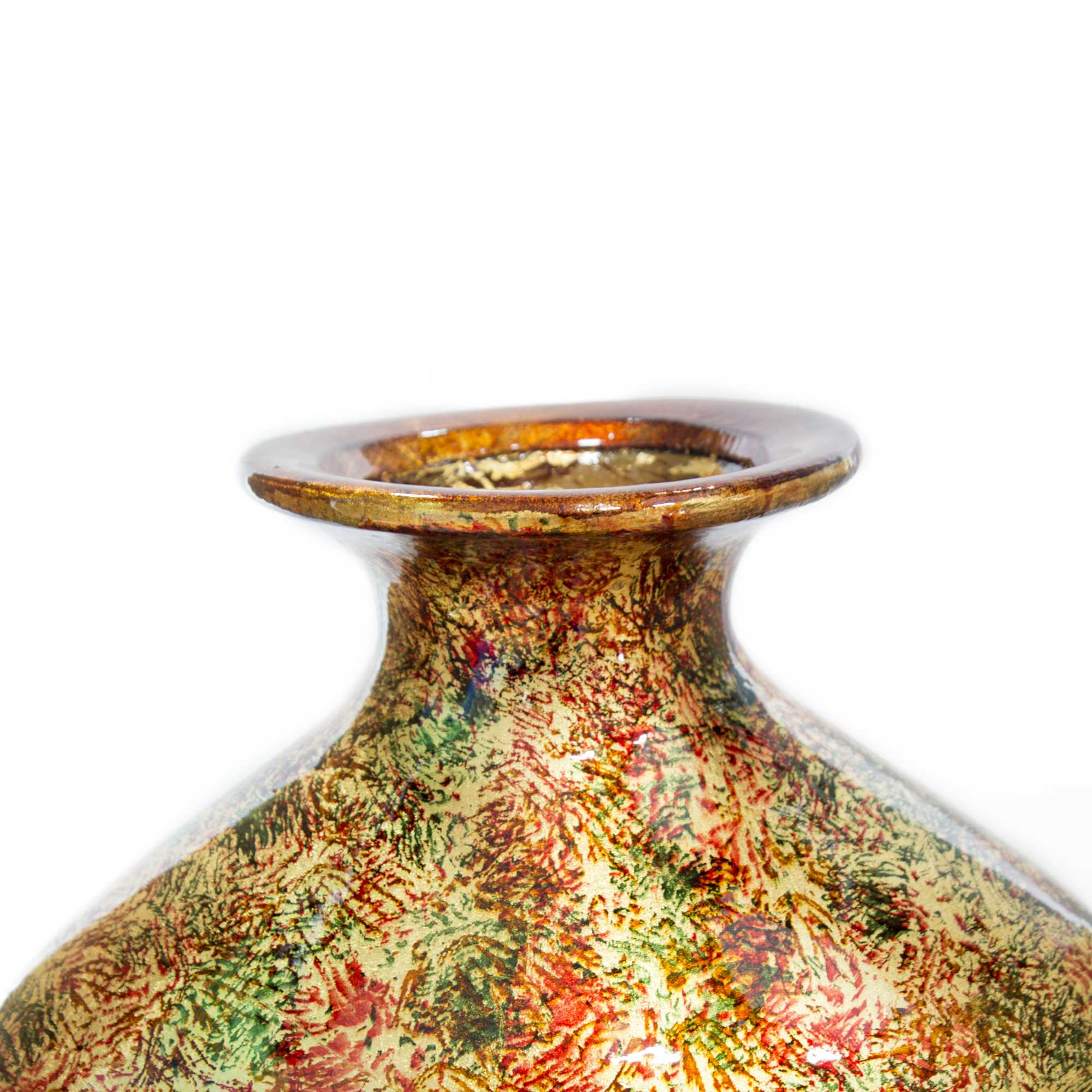 9" X 6.25" X 21.5" Brown Orange Red Green Ceramic Foiled and Lacquered Bottle Vase