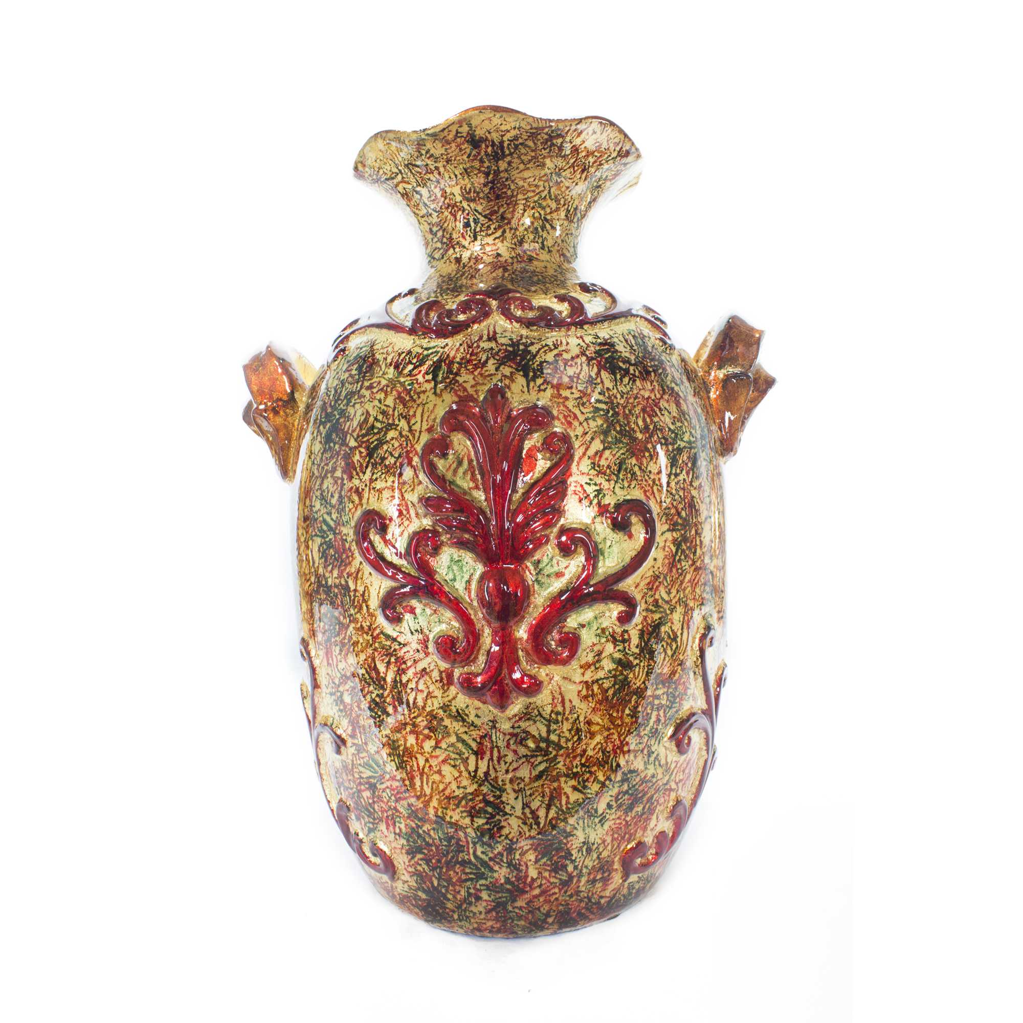 12" X 10" X 16" Brown Orange  Red  Green Ceramic Foiled and Lacquered Textured Amphora Vase