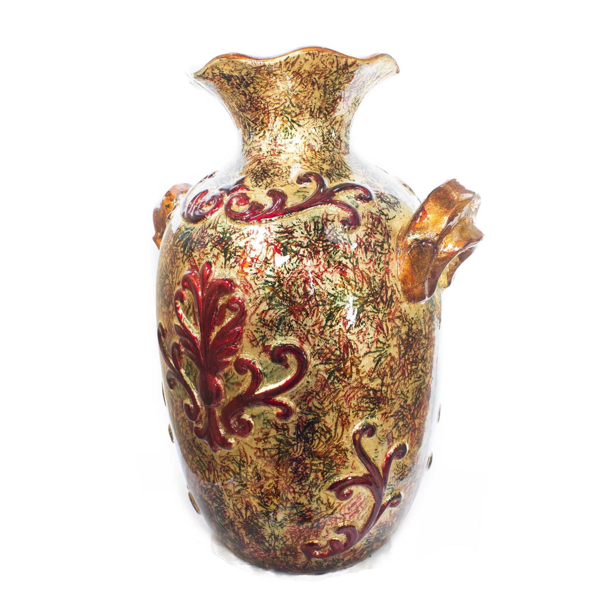 12" X 10" X 16" Brown Orange  Red  Green Ceramic Foiled and Lacquered Textured Amphora Vase