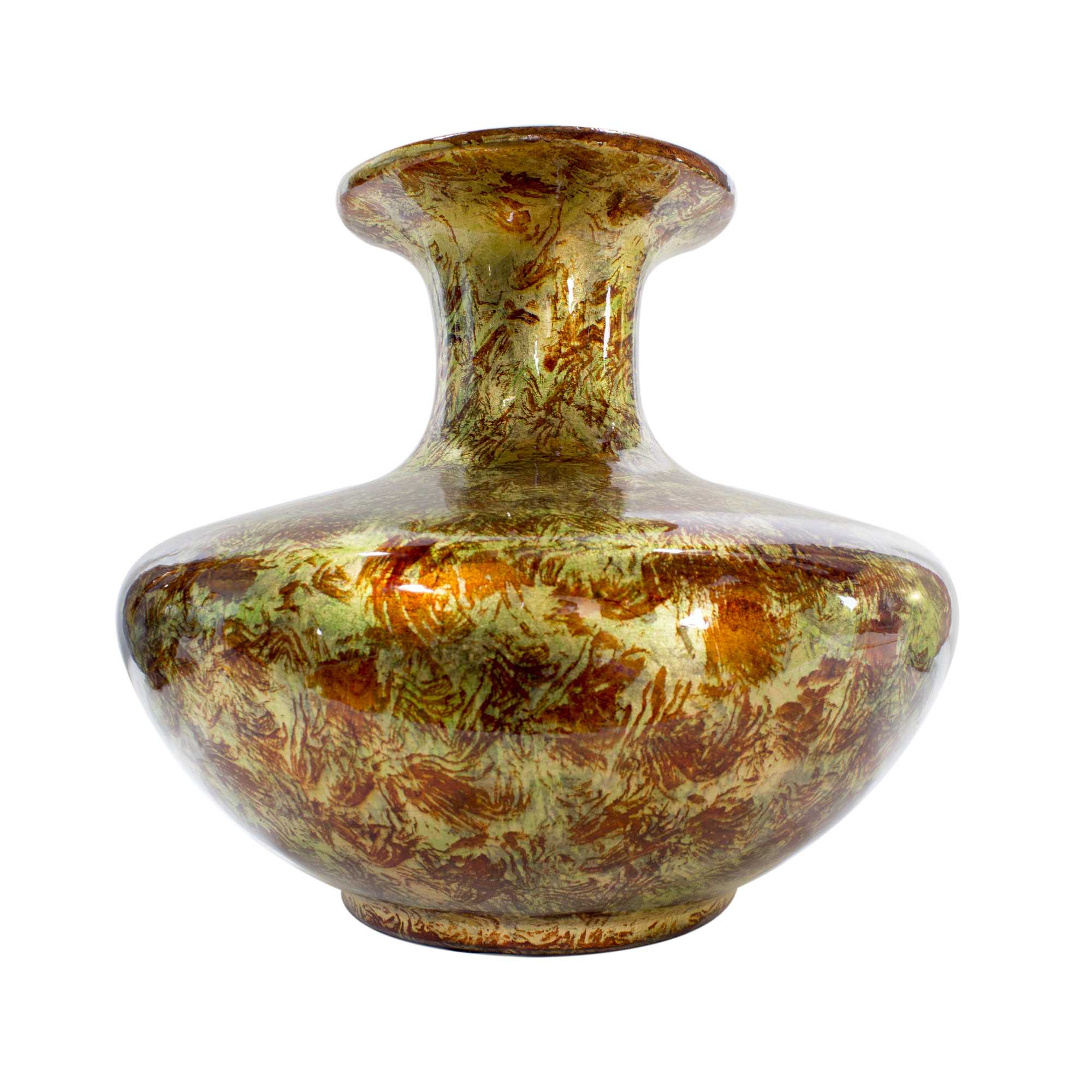 Shades of Gold Green and Red Ceramic Foil and Lacquer Rotund Vase