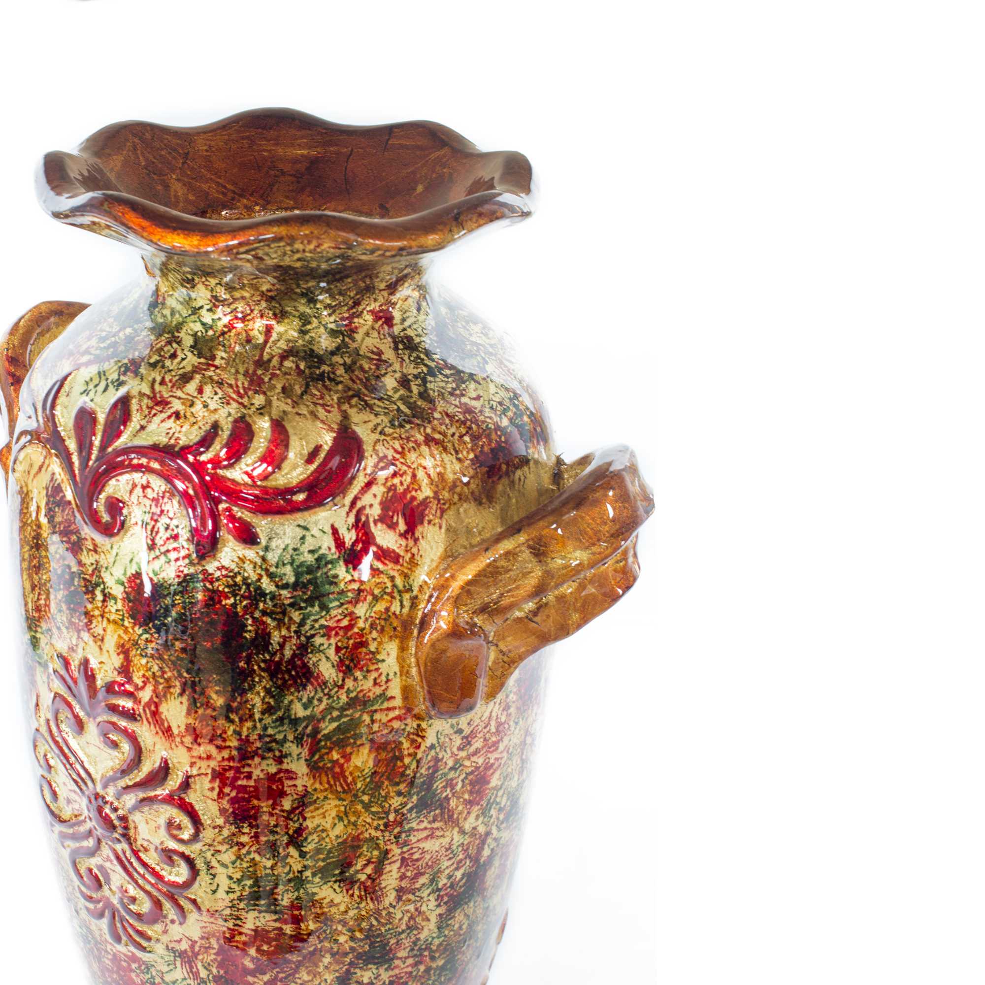 Rea Brown Orange Red Green Ceramic Foil and Lacquer Ruffle Vase