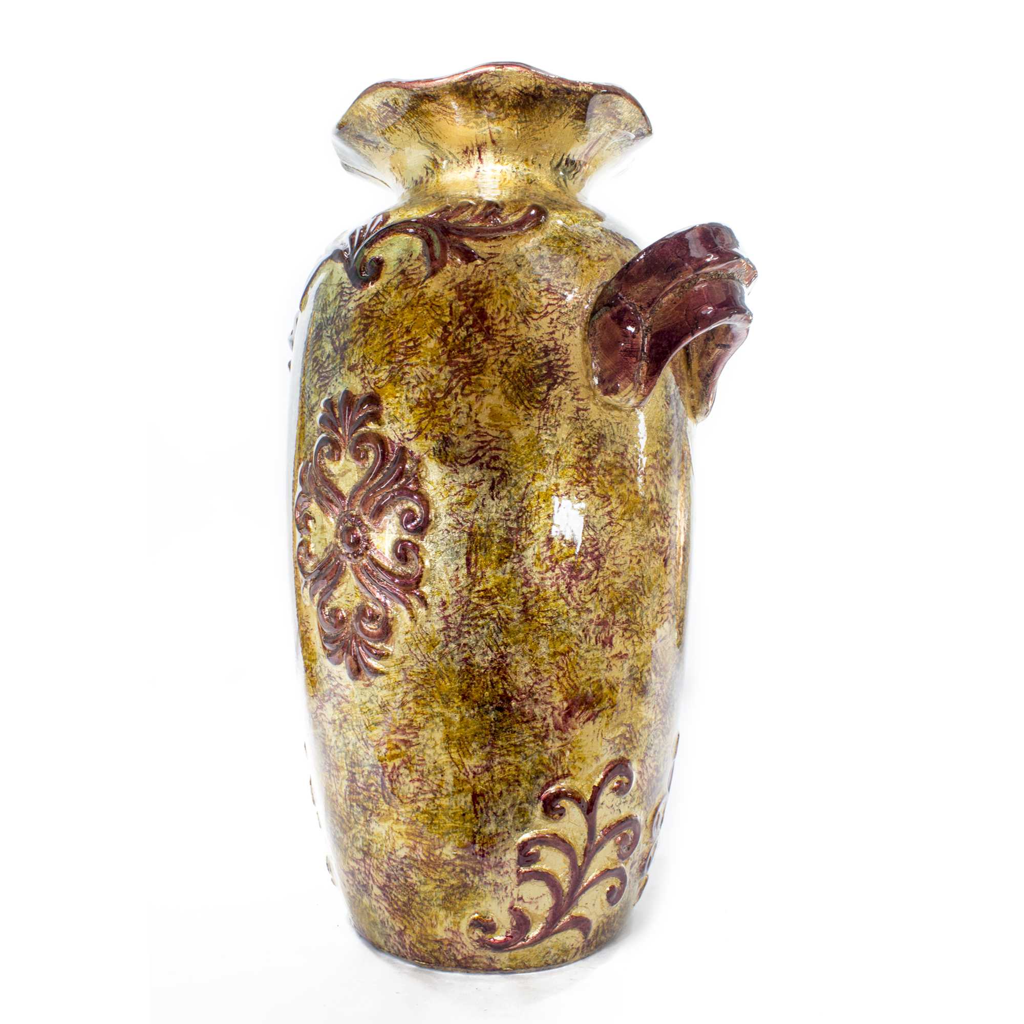 Rea Brown Amber Burgundy Green Ceramic Foil and Lacquer Ruffle Vase