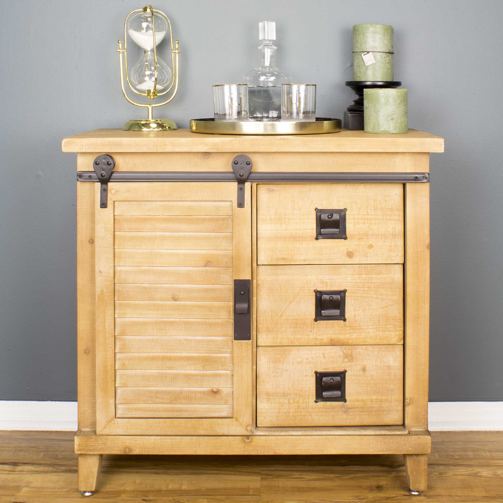 31" X 15" X 30" Natural Wood Iron  Wood  MDF Accent Cabinet with  Doors and  Drawers