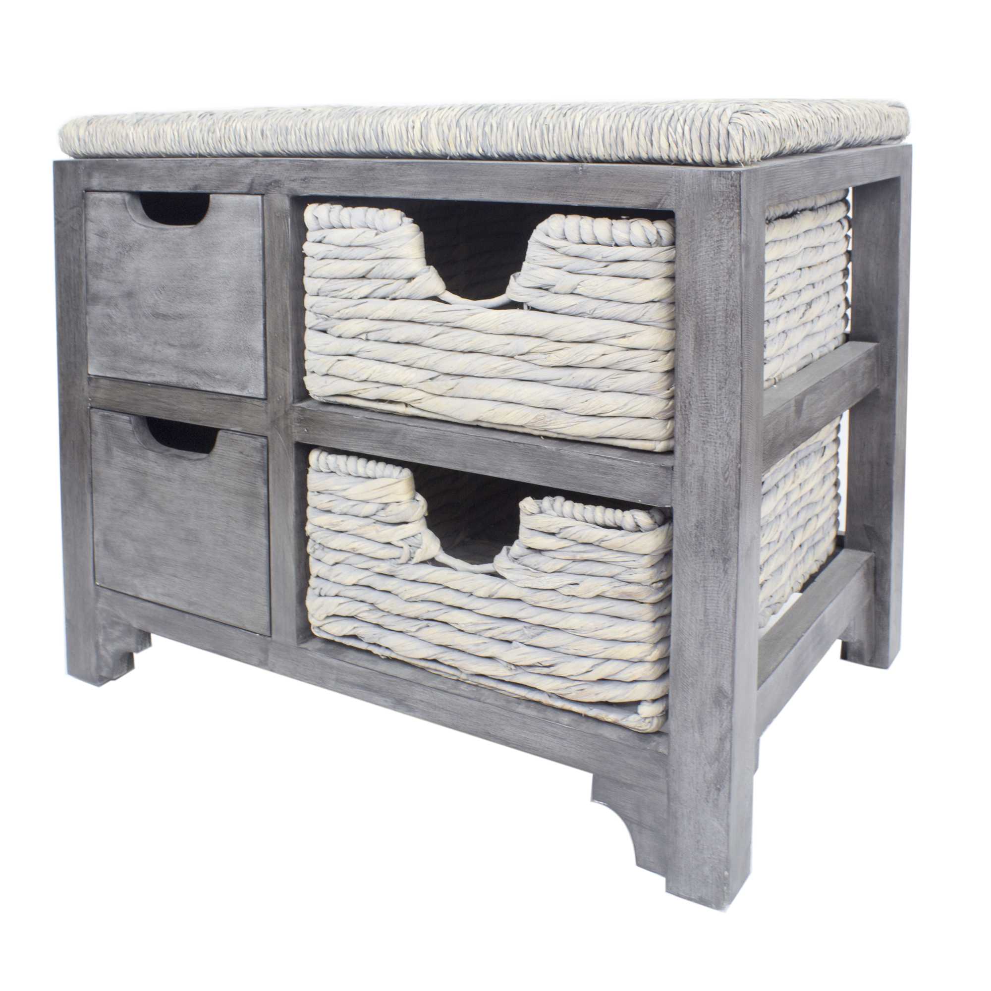 24.75" X 17" X 20" Grey MDF Wood Water Hyacinth Water Hyacinth Drawer Basket Storage Bench