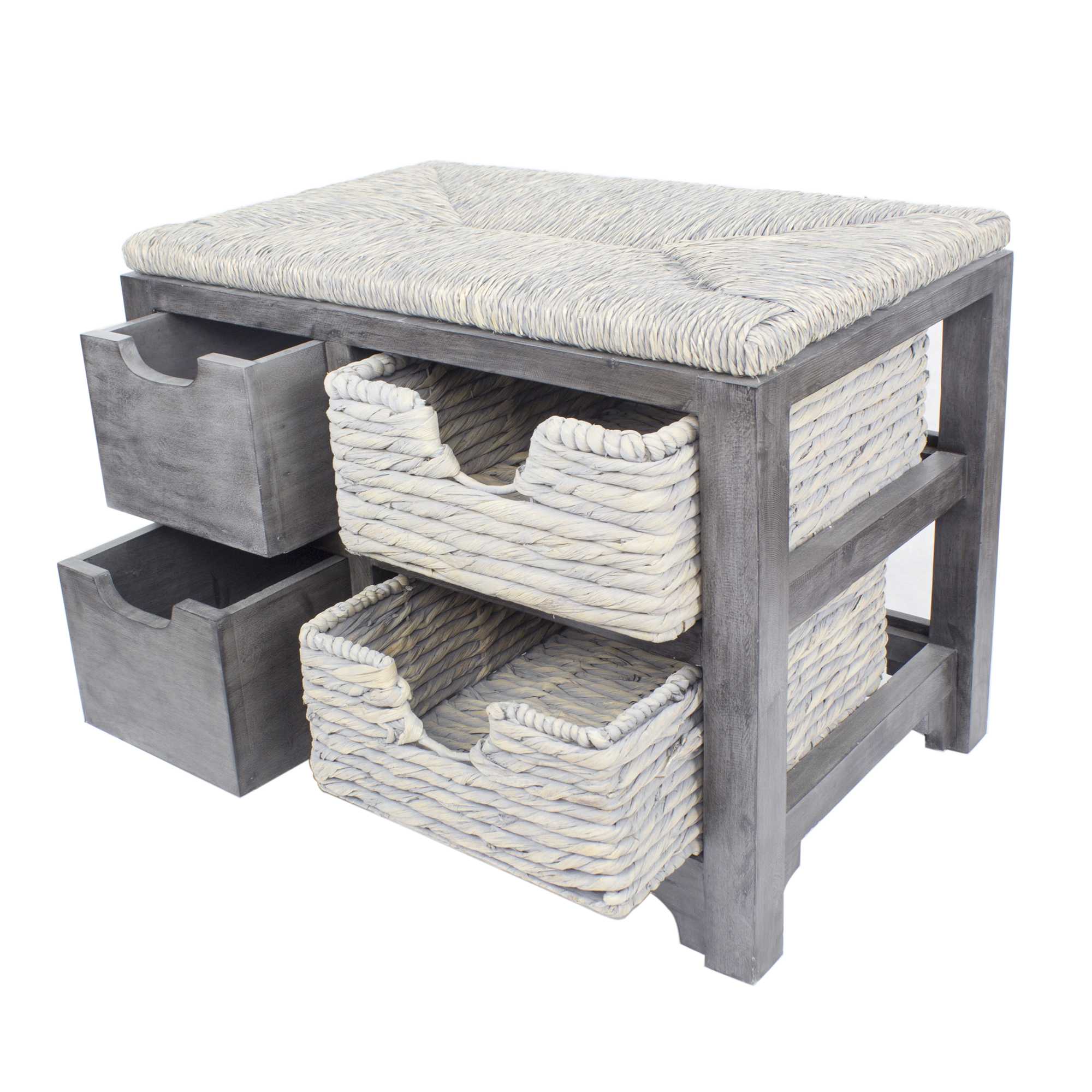 24.75" X 17" X 20" Grey MDF Wood Water Hyacinth Water Hyacinth Drawer Basket Storage Bench
