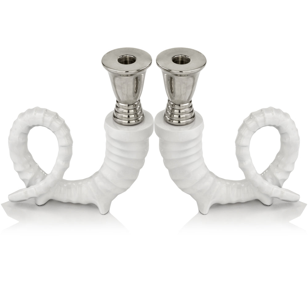 3" x 6.5" x 7.5" Shiny Nickel White Candleholders Pair