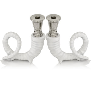 3" x 6.5" x 7.5" Shiny Nickel White Candleholders Pair