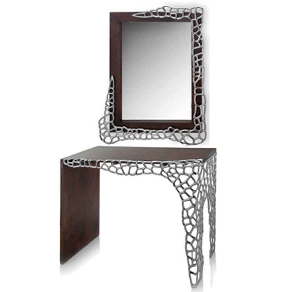 17.5" x 43" x 30" Brown and Silver Honeycomb Console Table