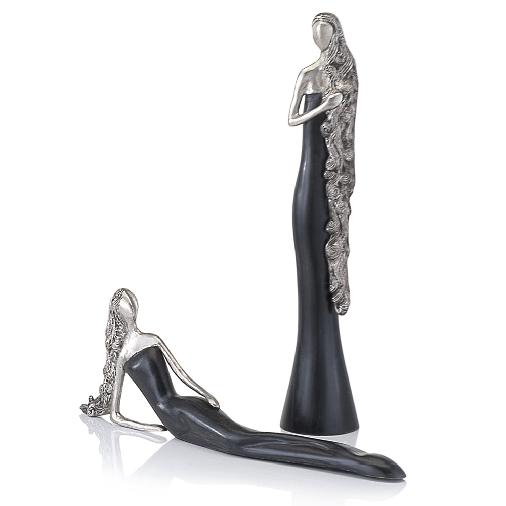 3" x 17.5" x 6" Black and Silver Curly Long Hair Reclining Lady