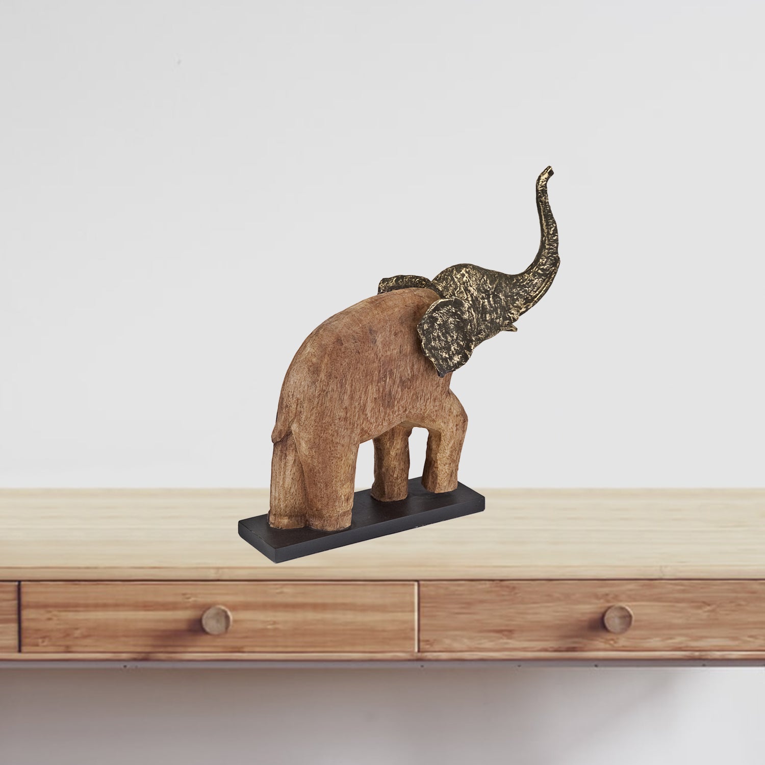 4.5" x 14.5" x 14" Brown Natural and Gold Bronze Wood Elephant