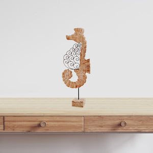 6" x 12.5" x 33" Natural and Black Iron Scroll Wood Seahorse on Stand