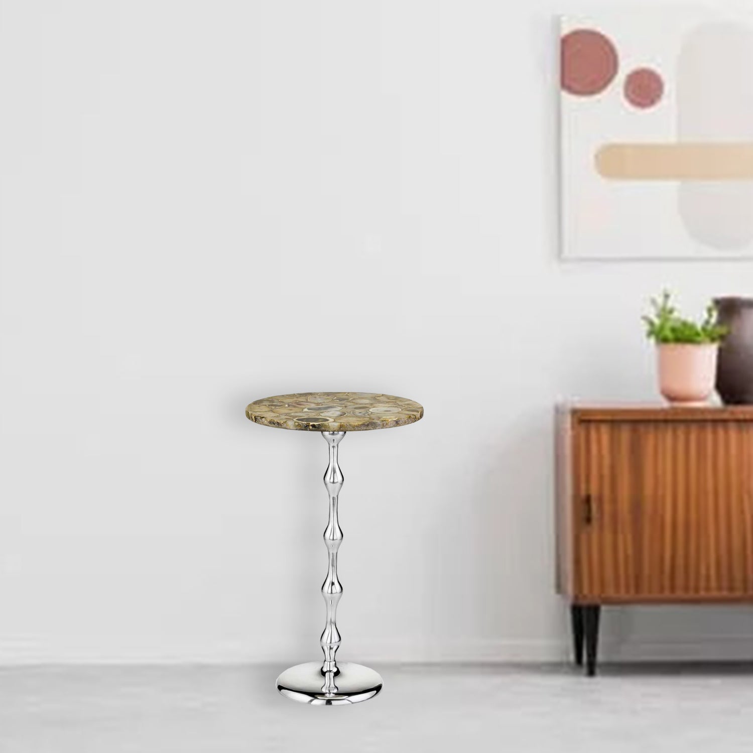 16" x 16" x 27" Buffed Tan Tall Side Table with Agate Top