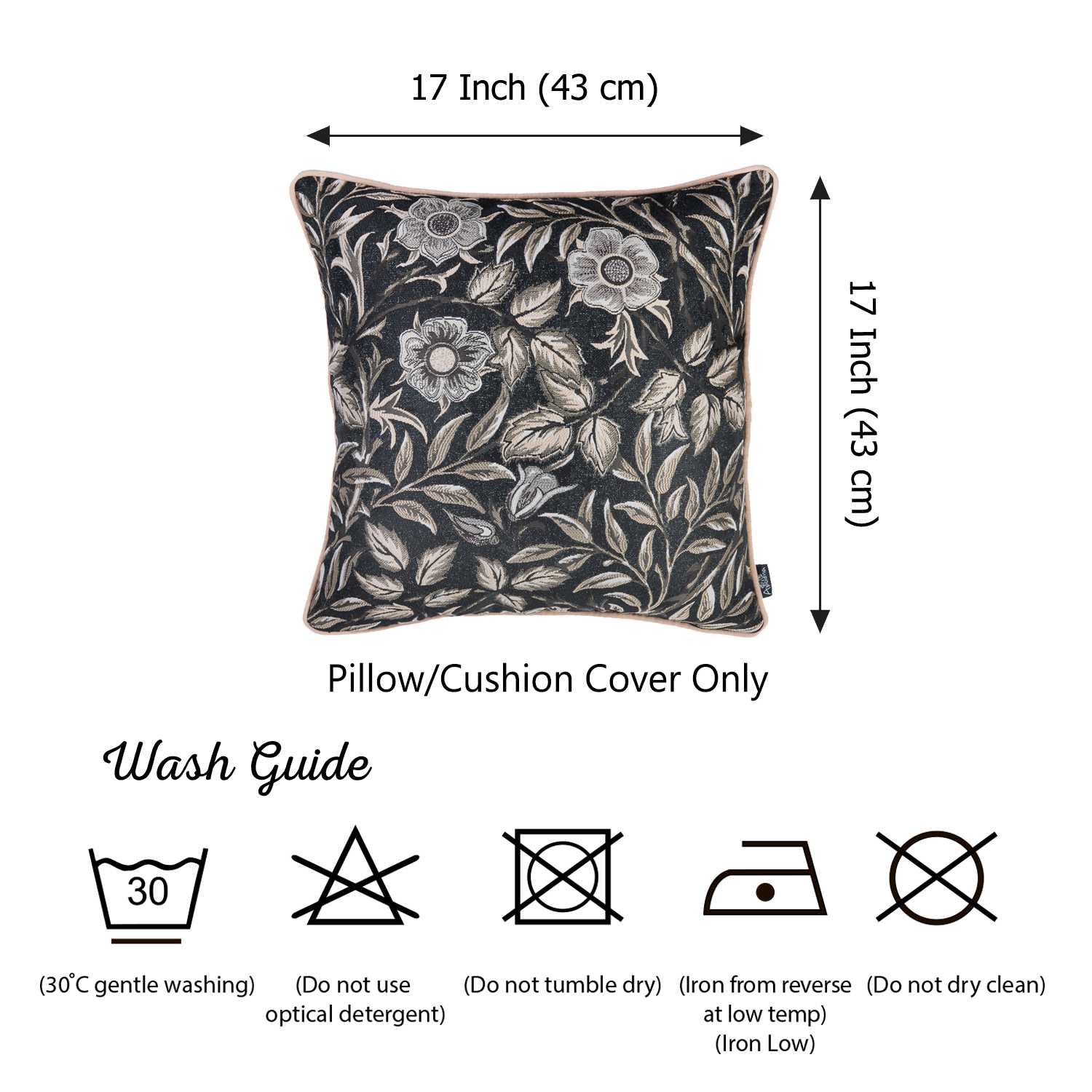 17"x 17" Black Jacquard Leaf Decorative Throw Pillow Cover