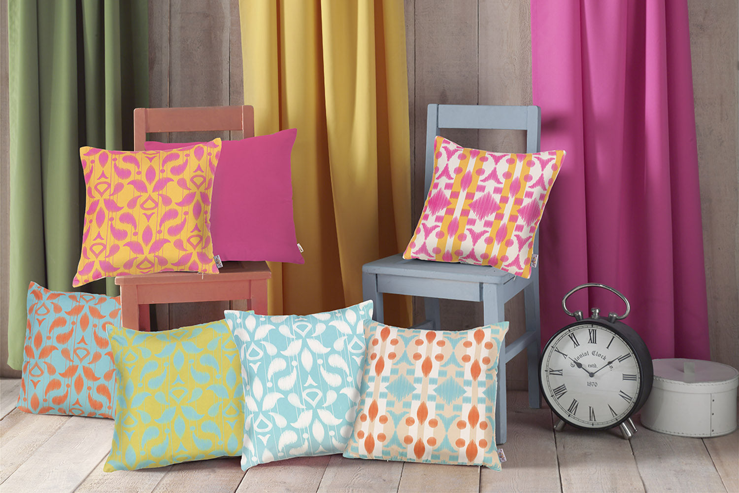 18"x18" Orange Blue Ikat Decorative Throw Pillow Cover Printed