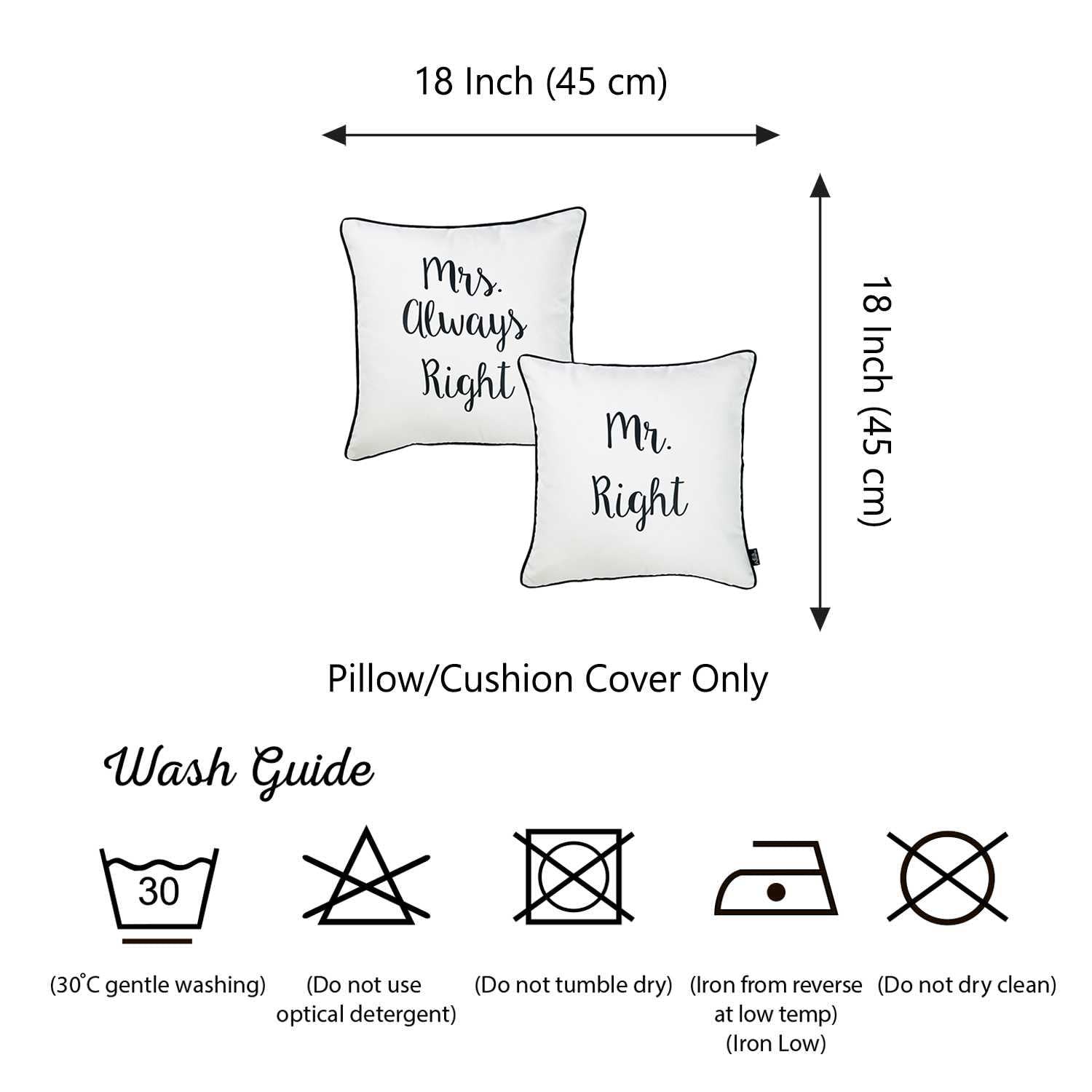 18"x 18" Skandi Mrs.Right and Mr.Right Decorative Printed Pillow Case Set of 2 pcs