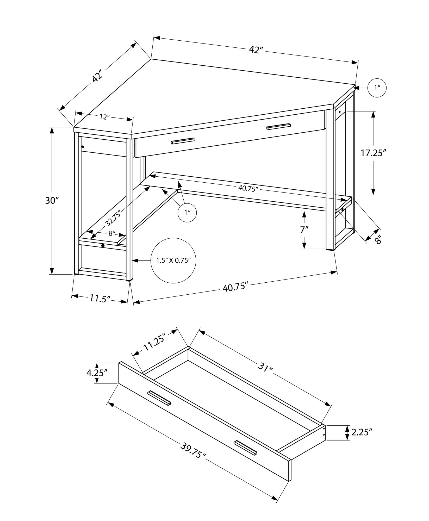 42" x 42" x 30" Grey  Reclaimed Wood Corner  Computer Desk