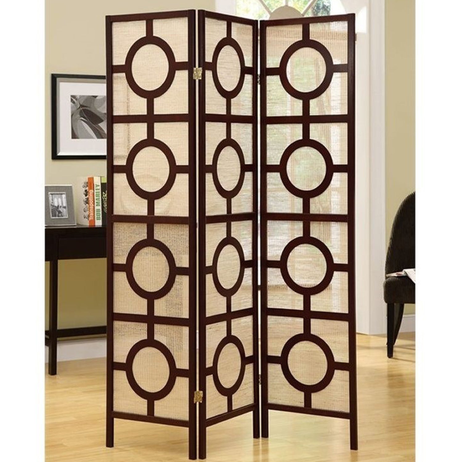 52" x 70.25" Cappuccino Circle Design 3 Panel  Folding Screen