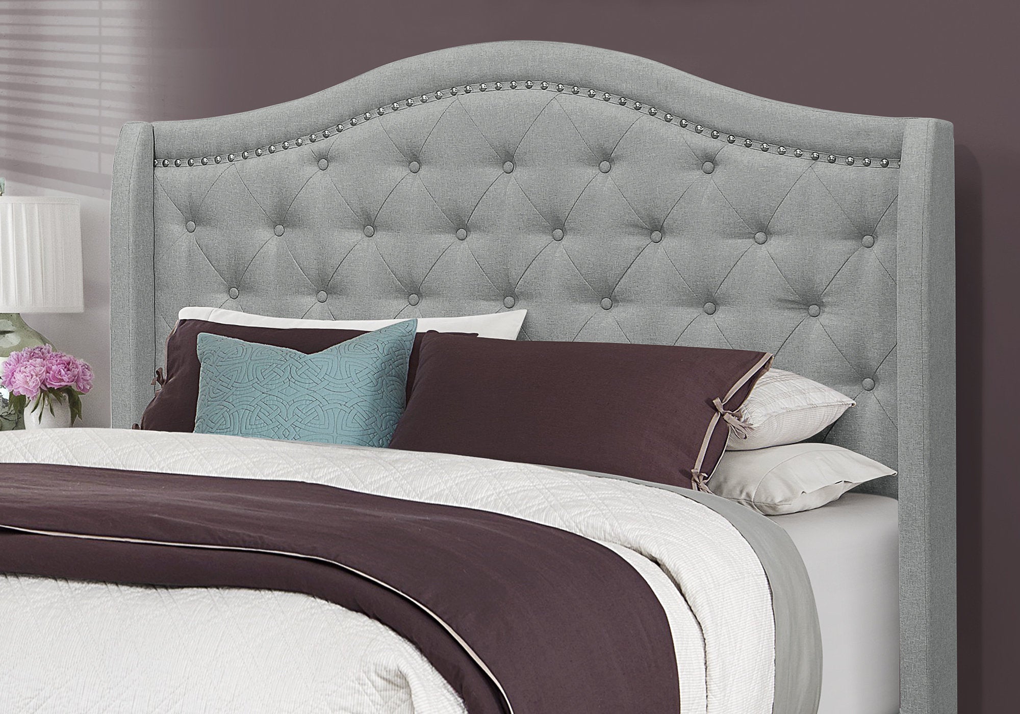 66.5" x 87.5" x 56.5" Grey Linen With Chrome Trim - Queen Size Bed