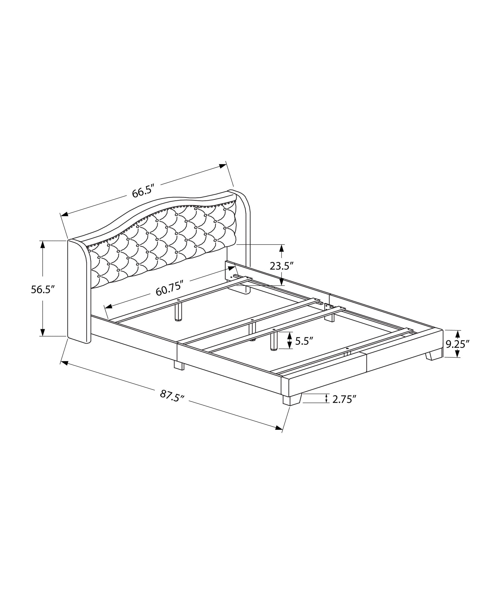66.5" x 87.5" x 56.5" Grey Linen With Chrome Trim - Queen Size Bed