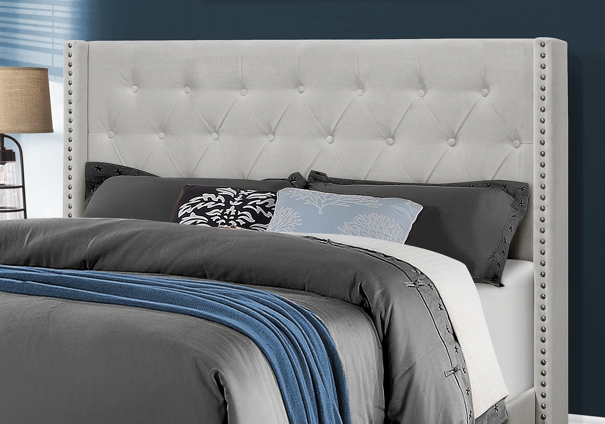 66.5" x 87.5" x 49.75" Light Grey Velvet With Chrome Trim  Queen Size Bed