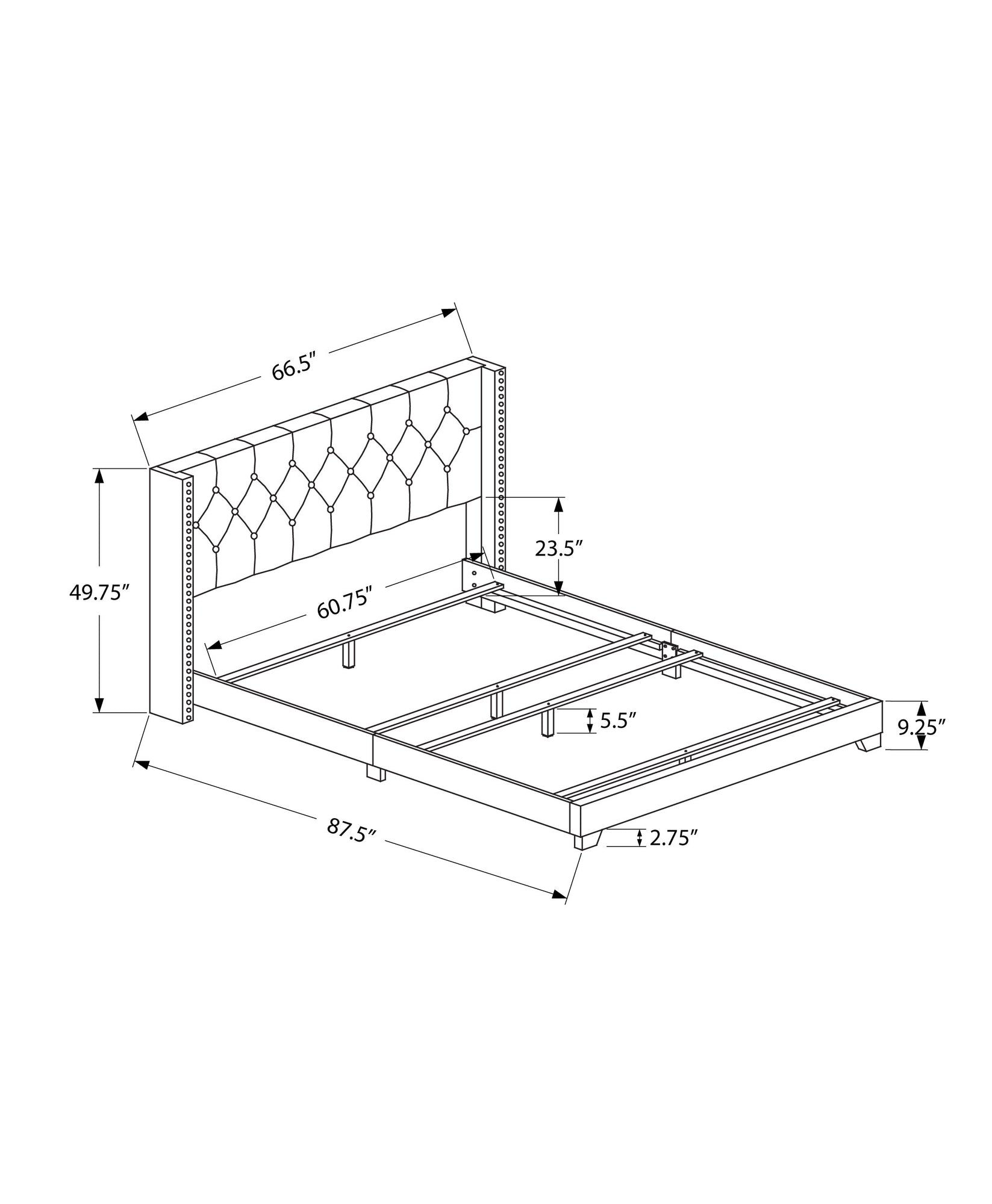 66.5" x 87.5" x 49.75" Dark Grey Velvet With Chrome Trim  Queen Size Bed