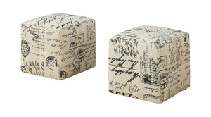 12" x 12" x 12" Beige with Black Print  Vintage  French Fabric  Ottoman 2pcs Set