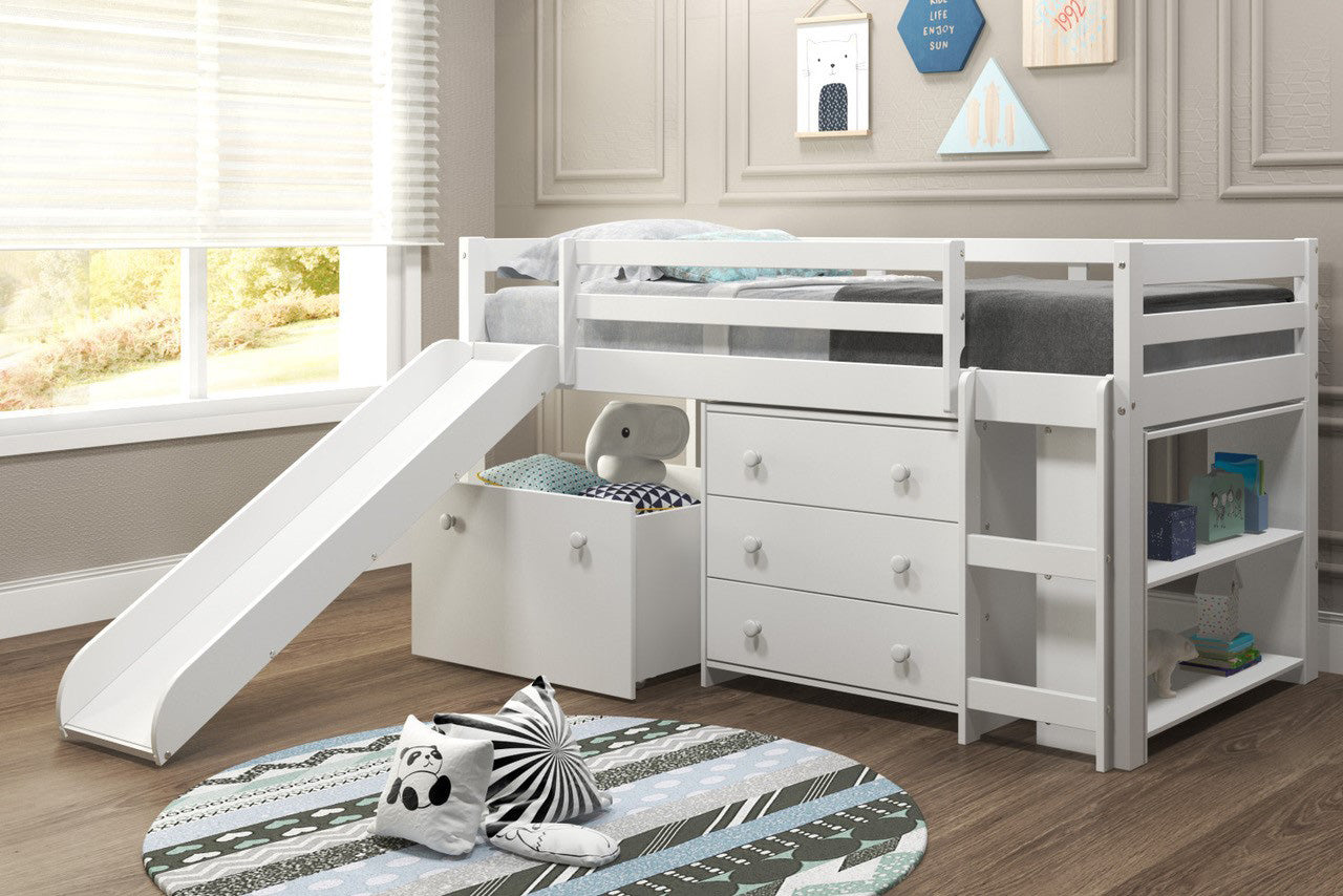 78" X 92" X 44" White Solid Pine MDF Veneers Complete Mini Loft with Side and Casegoods
