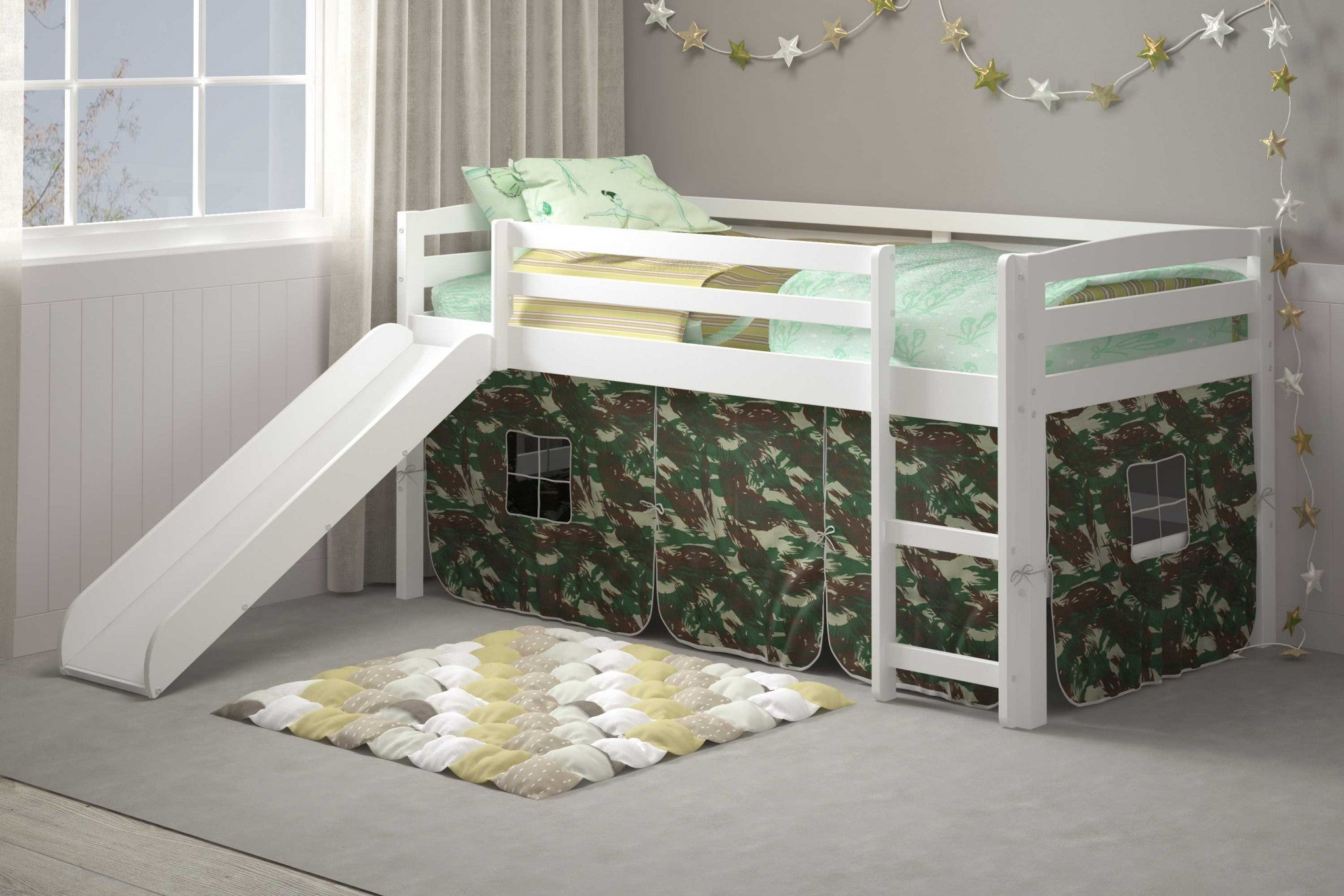 41" X 81" X 46" White Solid Pine Camo Tent Loft Bed with Slide and Ladder