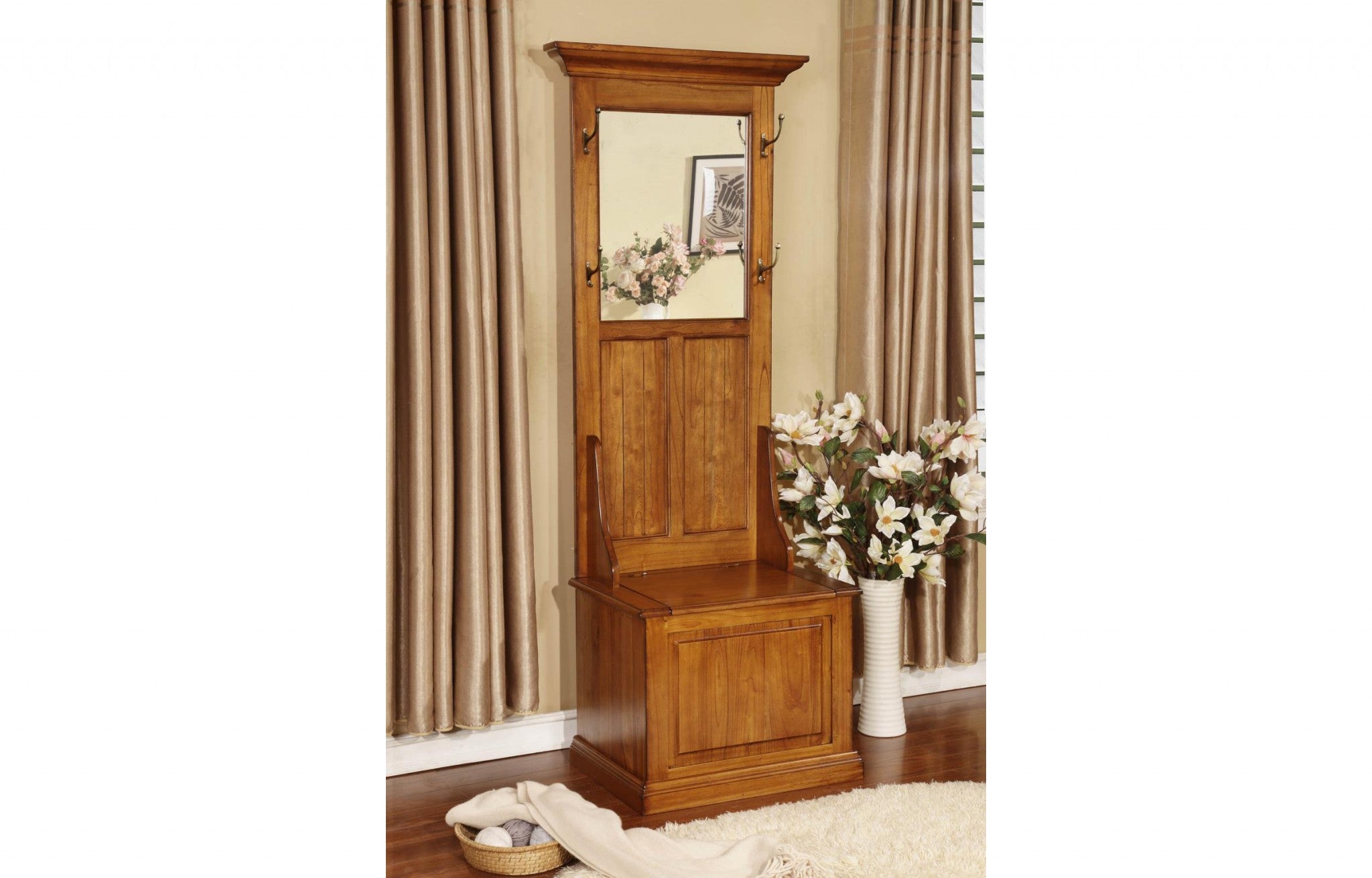 28.5" X 18" X 78" Burnished Walnut Hardwood Hall Tree