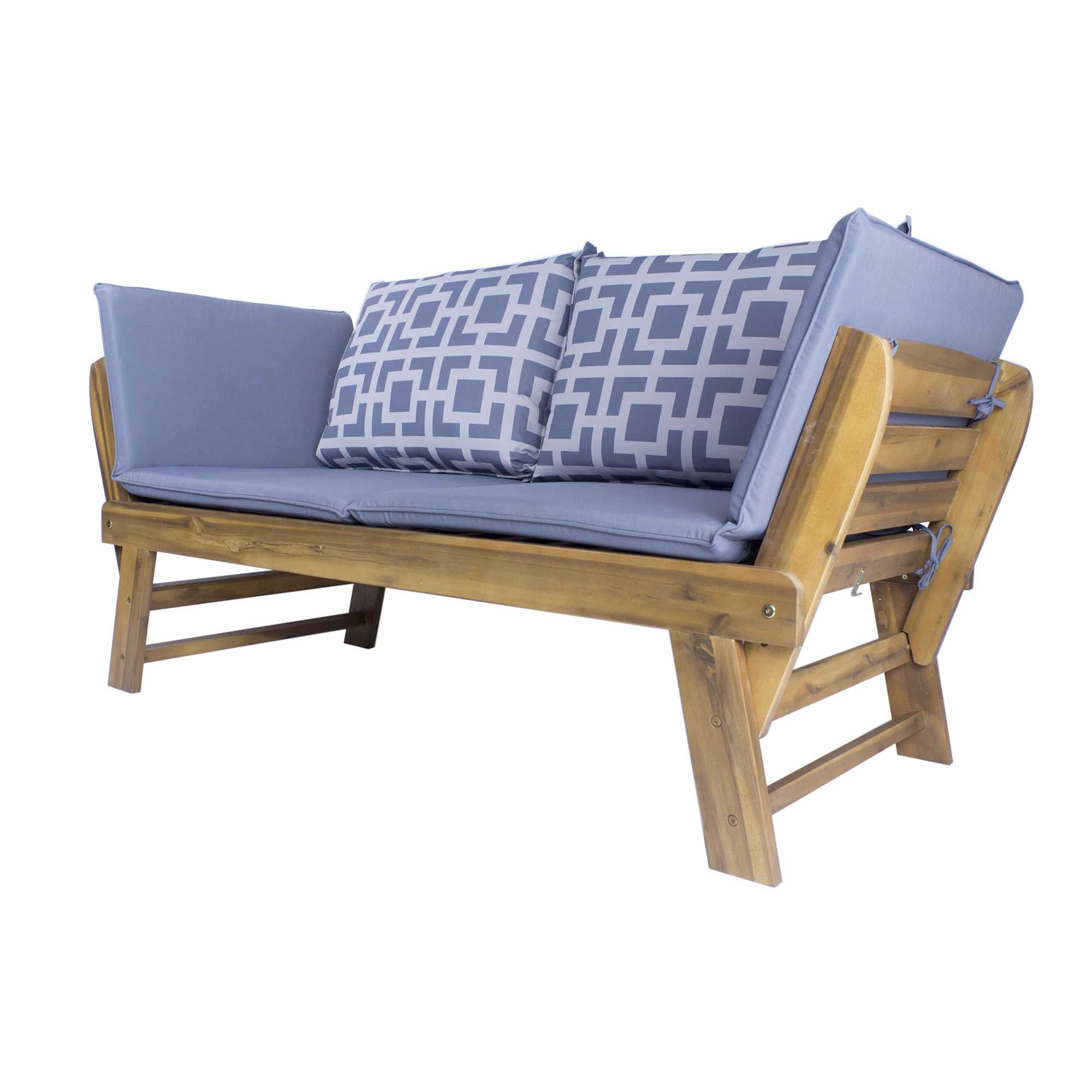 60" X 24" X 29.5" Brown Acacia Wood Contemporary Cushioned Adjustable Wooden Bench