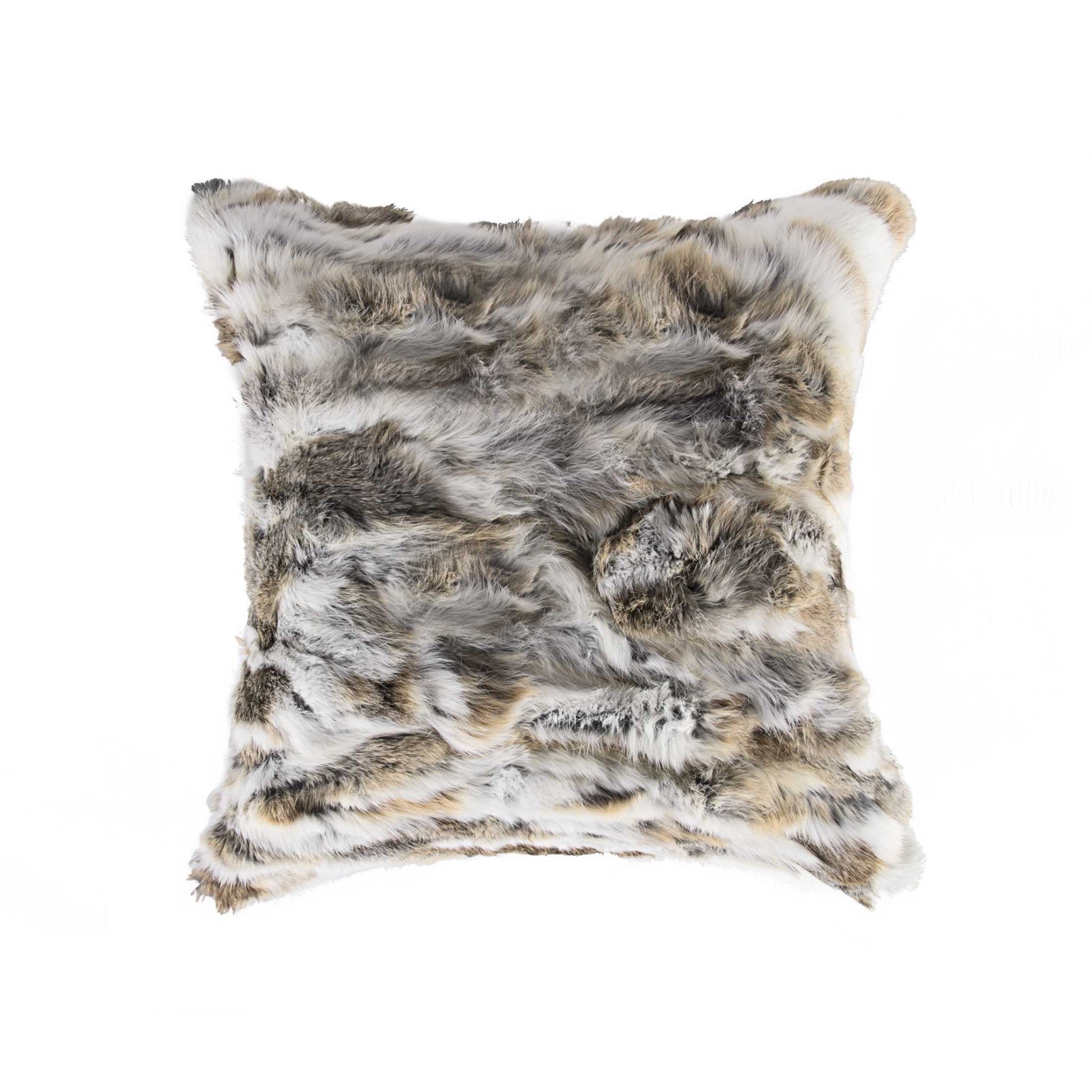 5" x 18" x 18" 100% Natural Rabbit Fur Tan & White Pillow