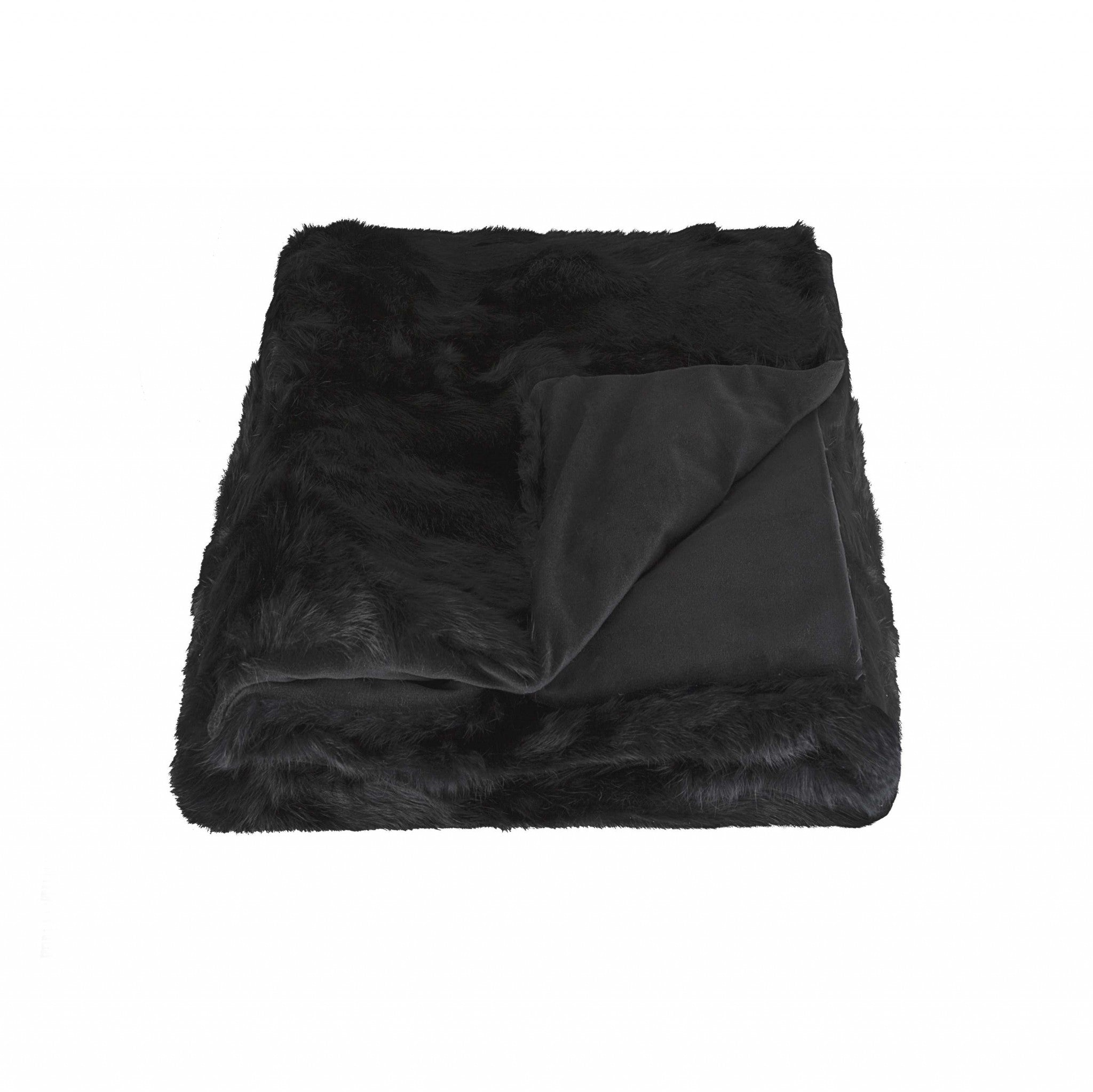 2" x 50" x 60" 100 Natural Rabbit Fur Black Throw Blanket