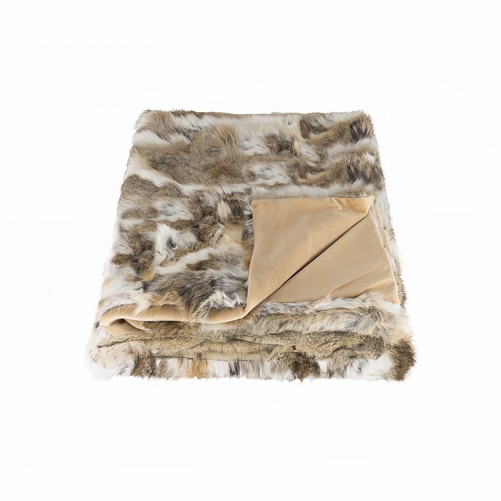 2" x 50" x 60" 100% Natural Rabbit Fur Tan & White Throw Blanket