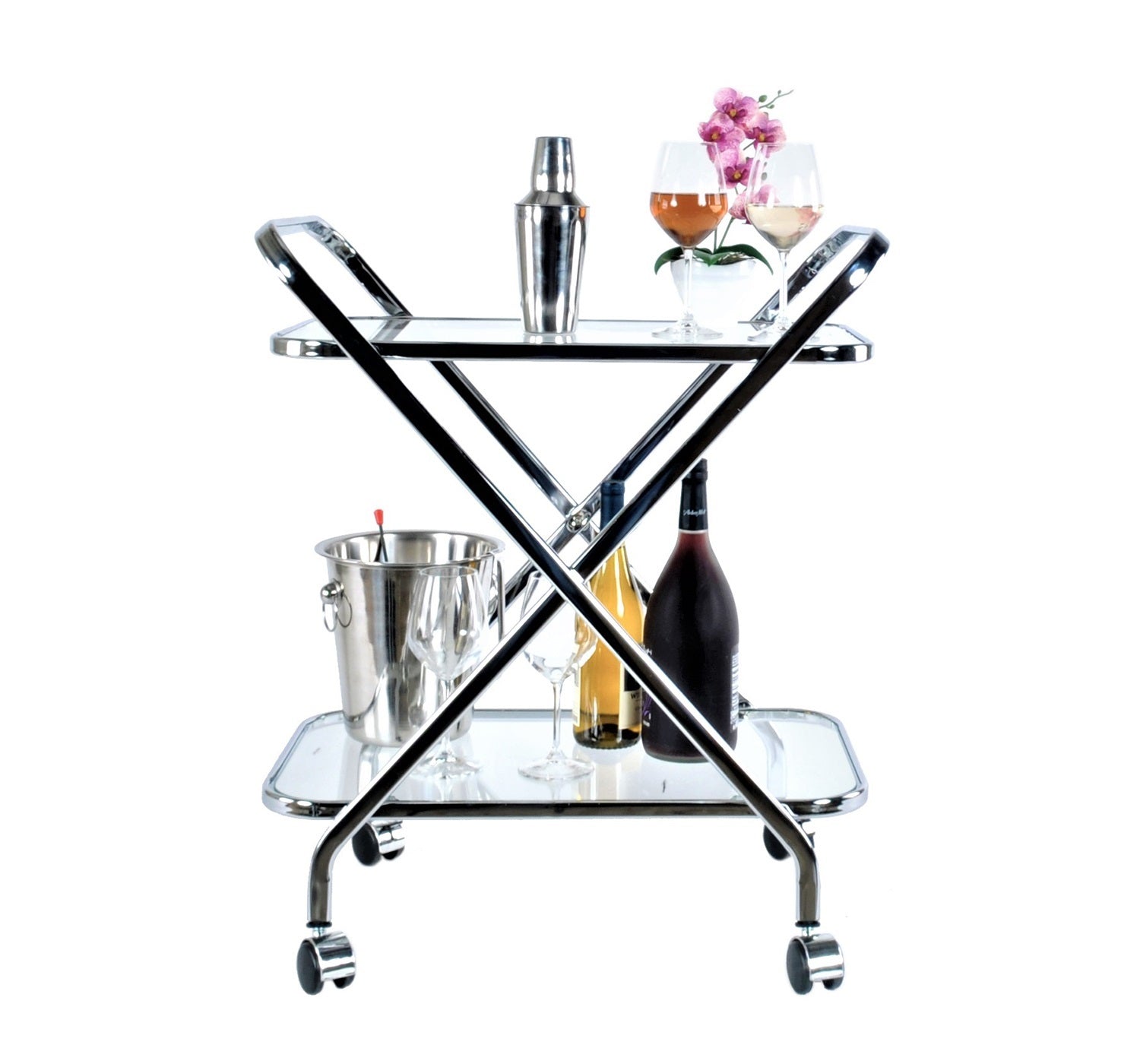 16.5" x 26.25" x 30.5" Chrome, X-Shape - Bar Cart