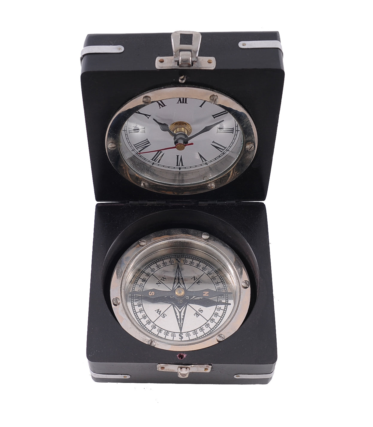 4.25" x 6" x 5.5" Brass Compass & Clock with Wooden Case