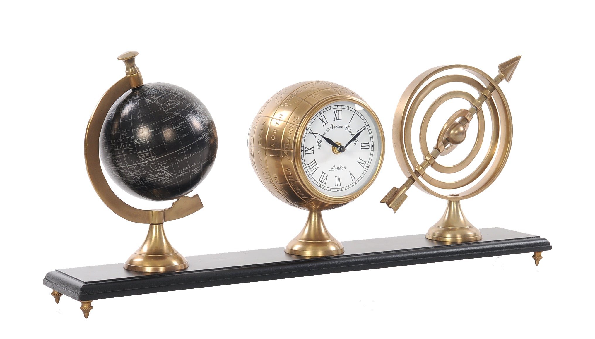 24" x 5.5" x 10.75" Armillery Clock & Globe On Wood Base