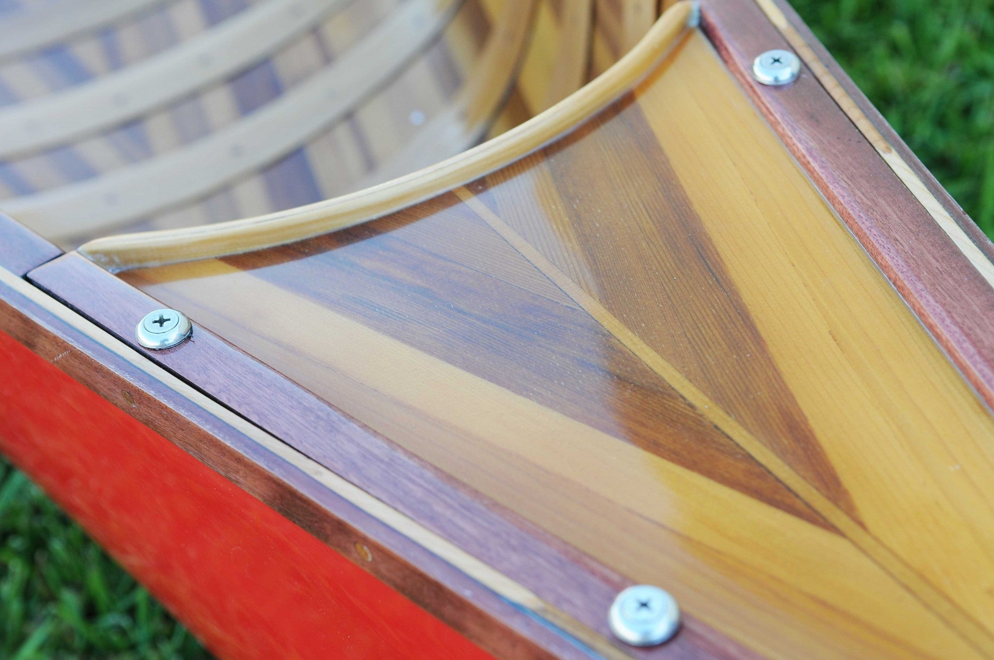 26.5" x 117" x 20" Red Wooden Canoe With Ribs Curved Bow