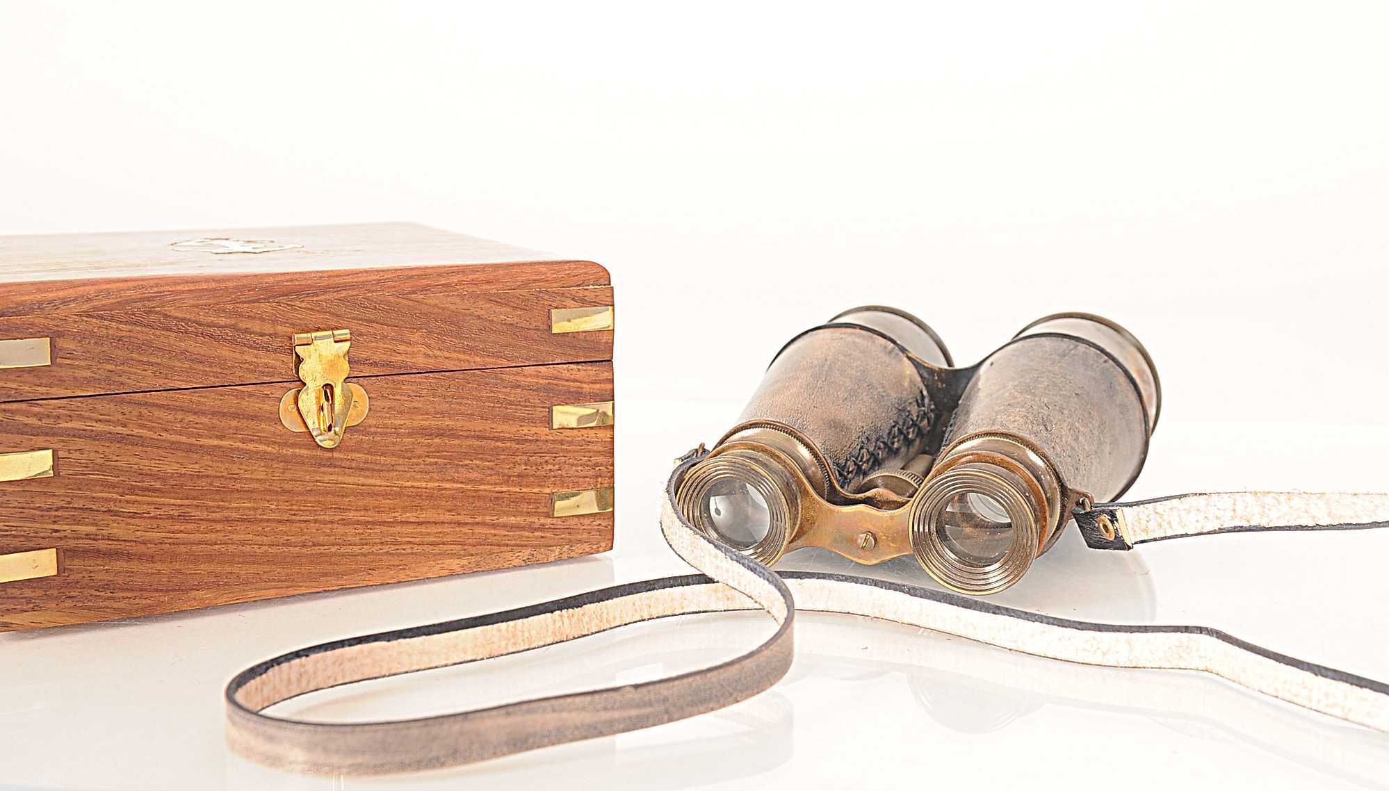 Rustic Brass and Leather Binoculars in Wood Storage Box