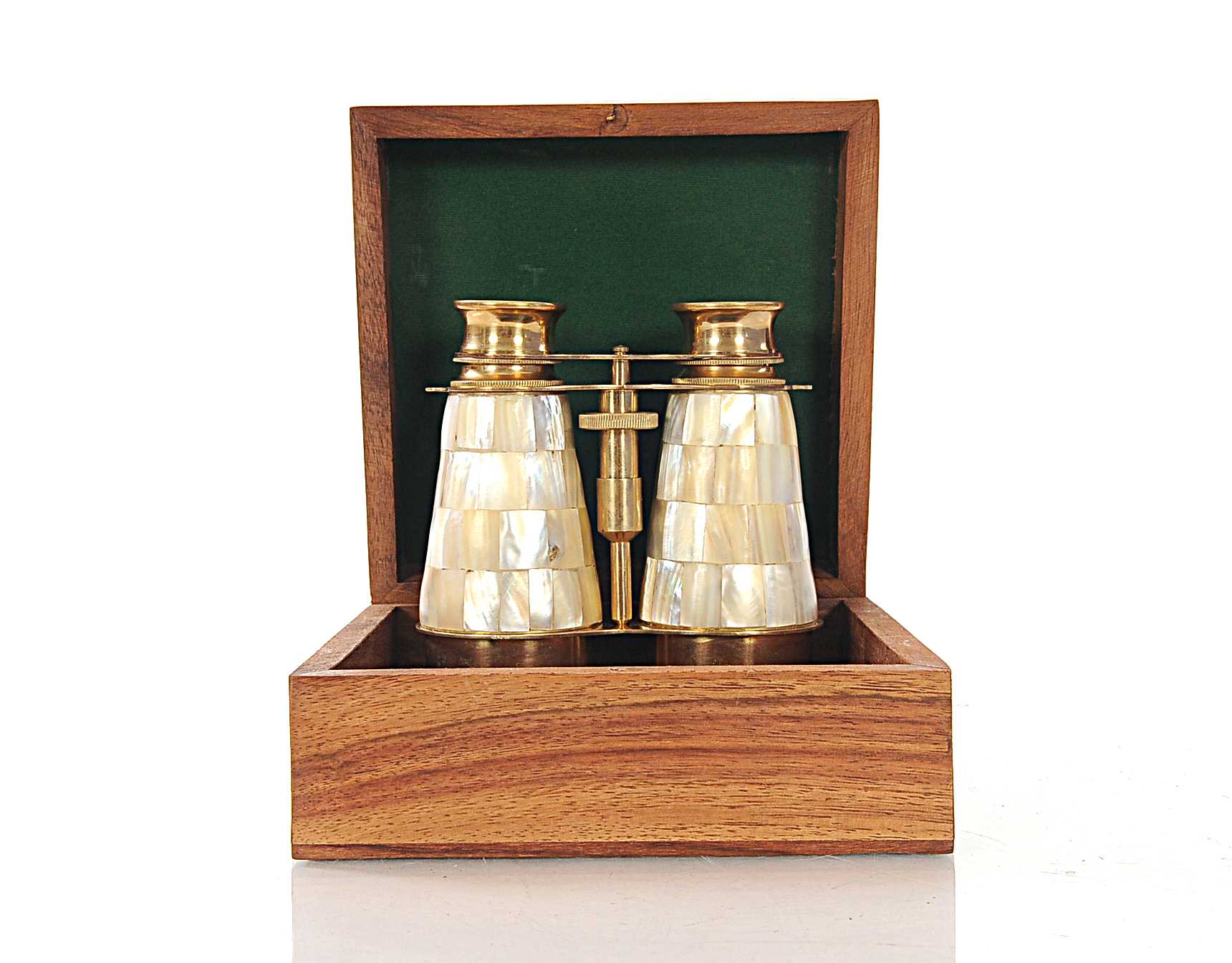 Elegant Brass and Mother of Pearl Binoculars in Wooden Storage Box