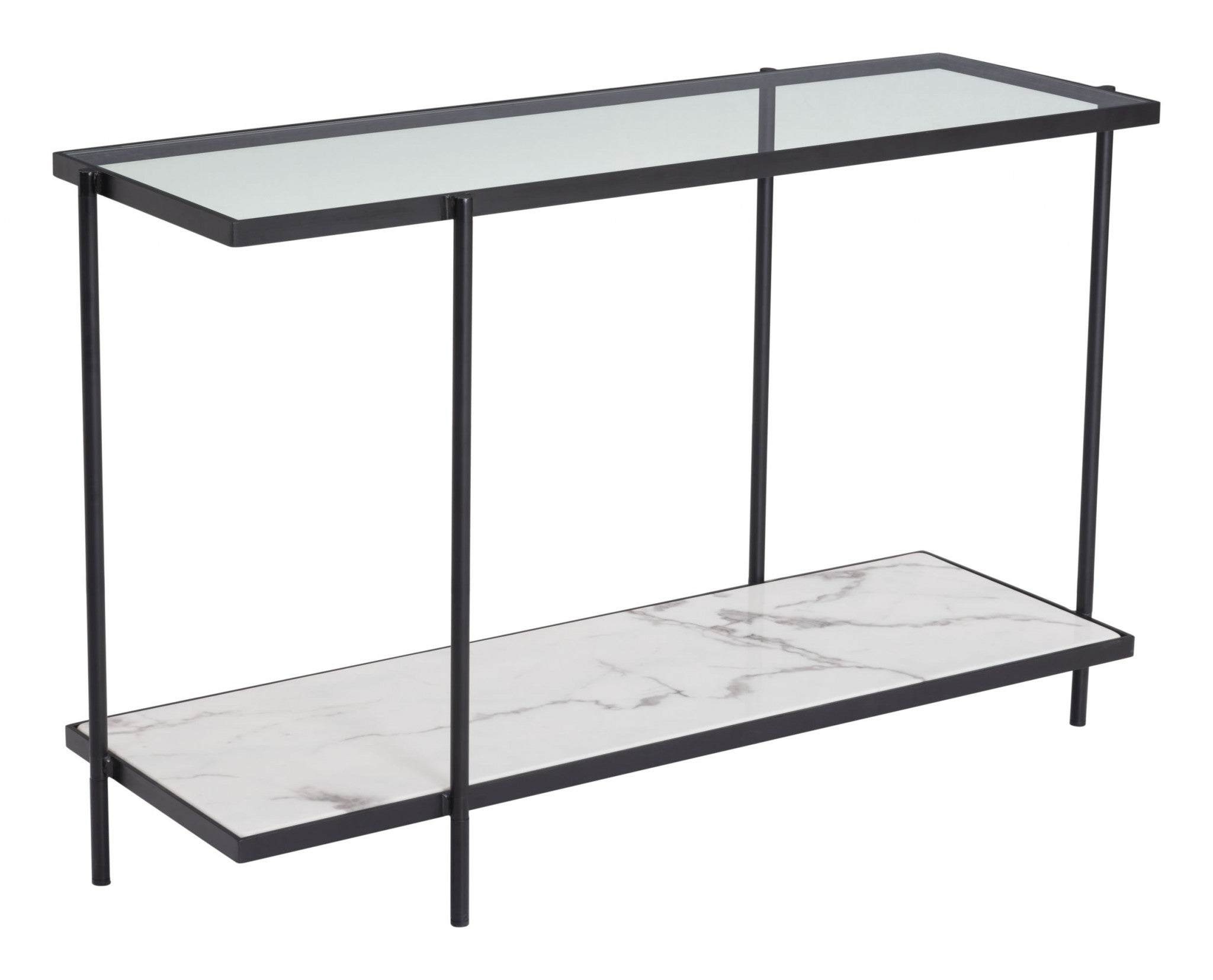 Glass and Faux Marble Console Table with Black Frame