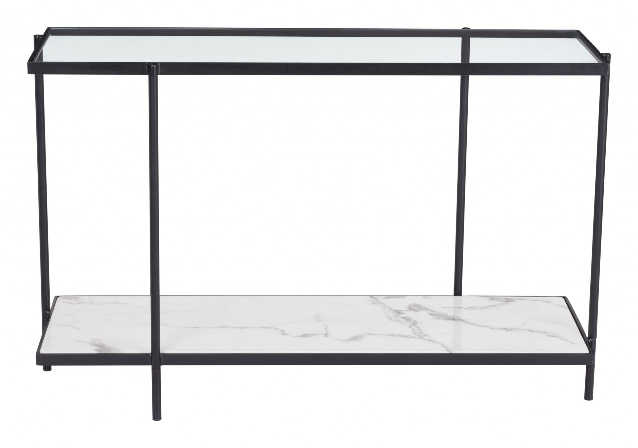 Glass and Faux Marble Console Table with Black Frame